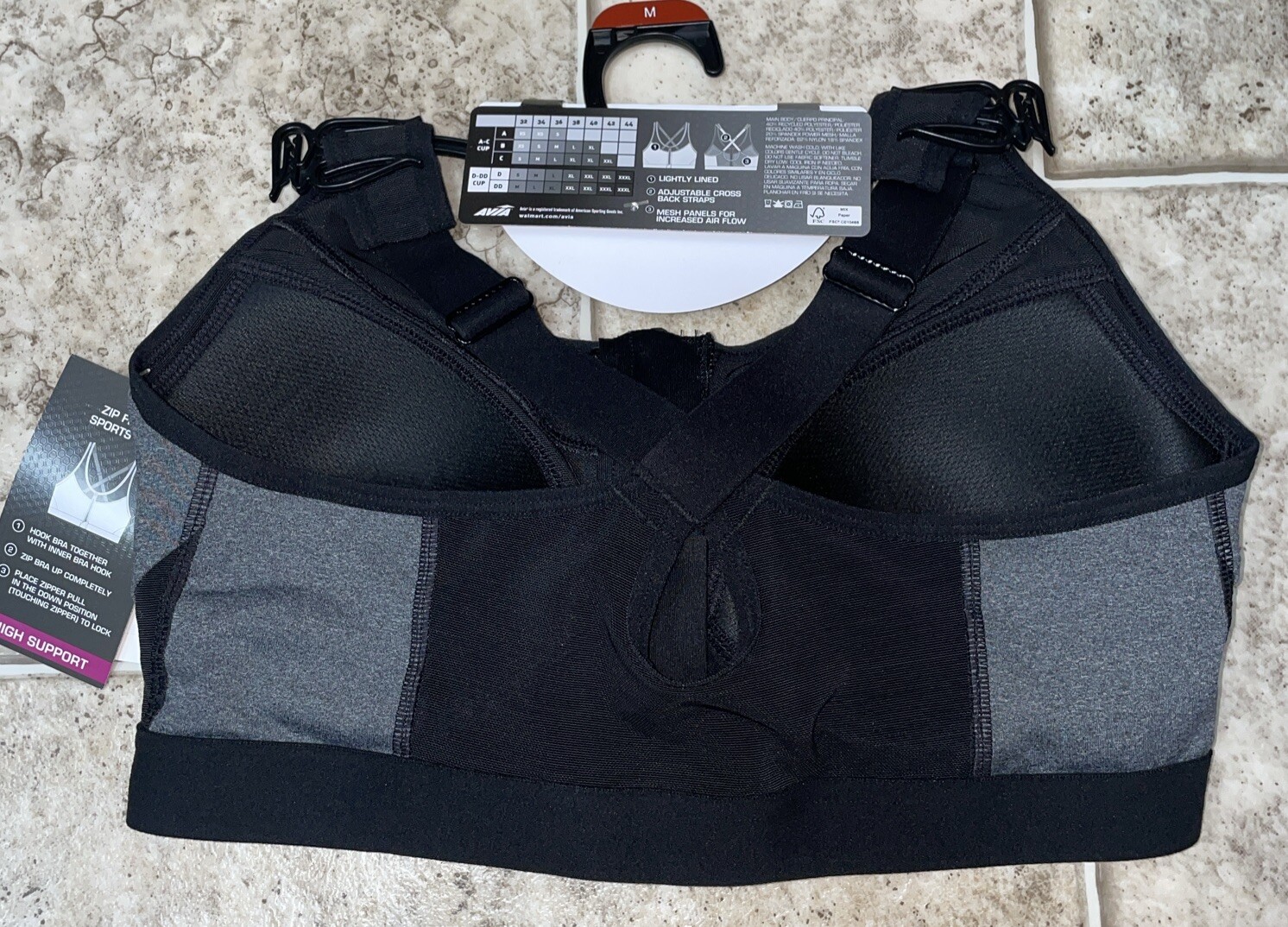 NWT Womens Avia Black & Grey Heather Zip Front Seamless Sports Bra Size Medium