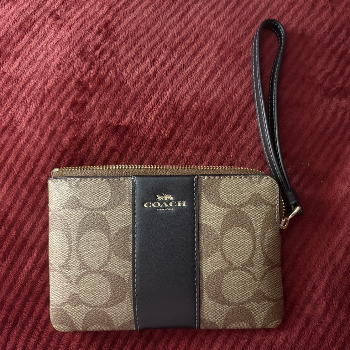 Coach Signature Logo Zip Wristlet Wallet w/ Wrist Strap & Credit Card Slots