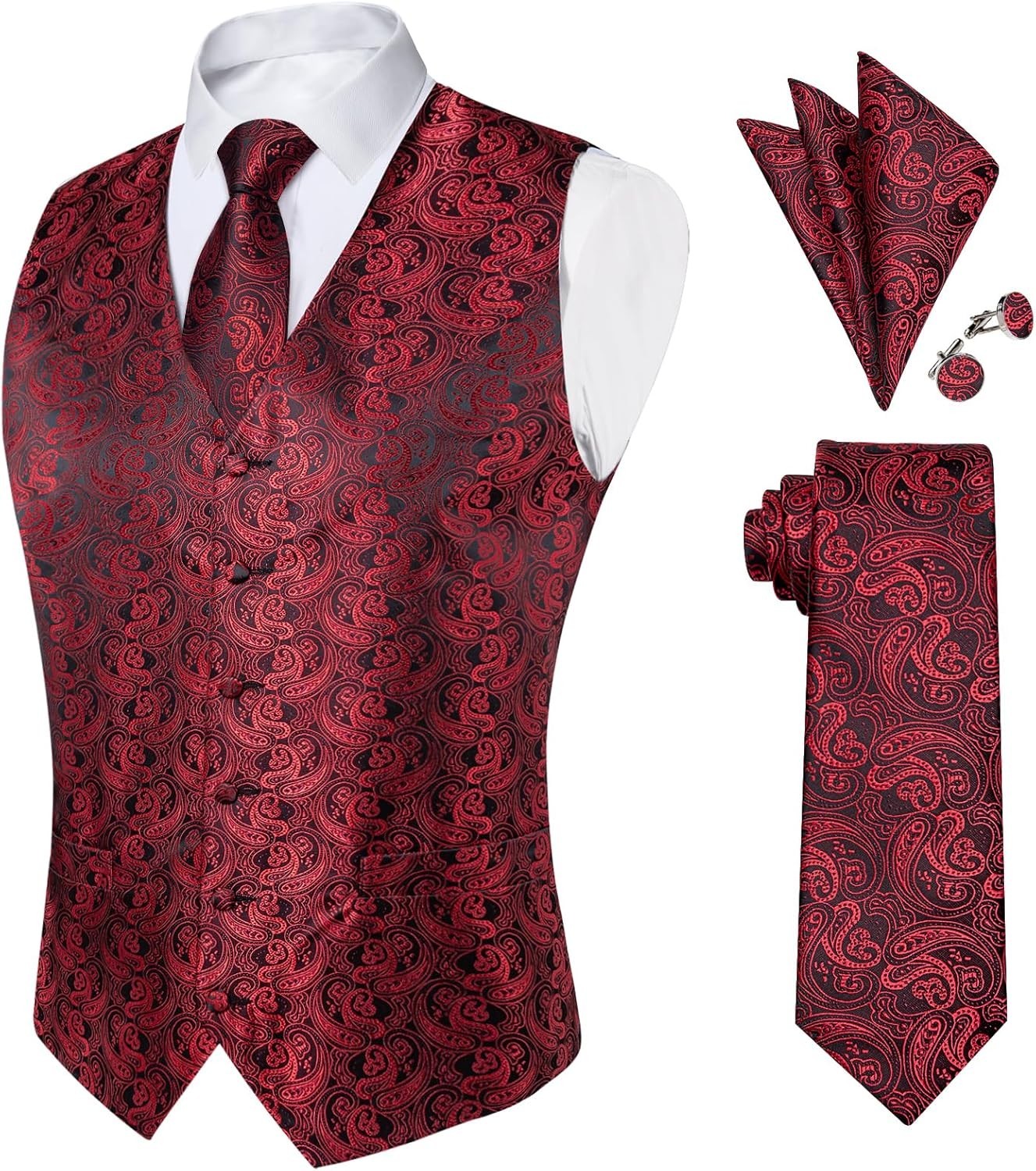 Mens Paisley Silk Vest Tie Pocket Square Cufflinks Set for Wedding Party Formal