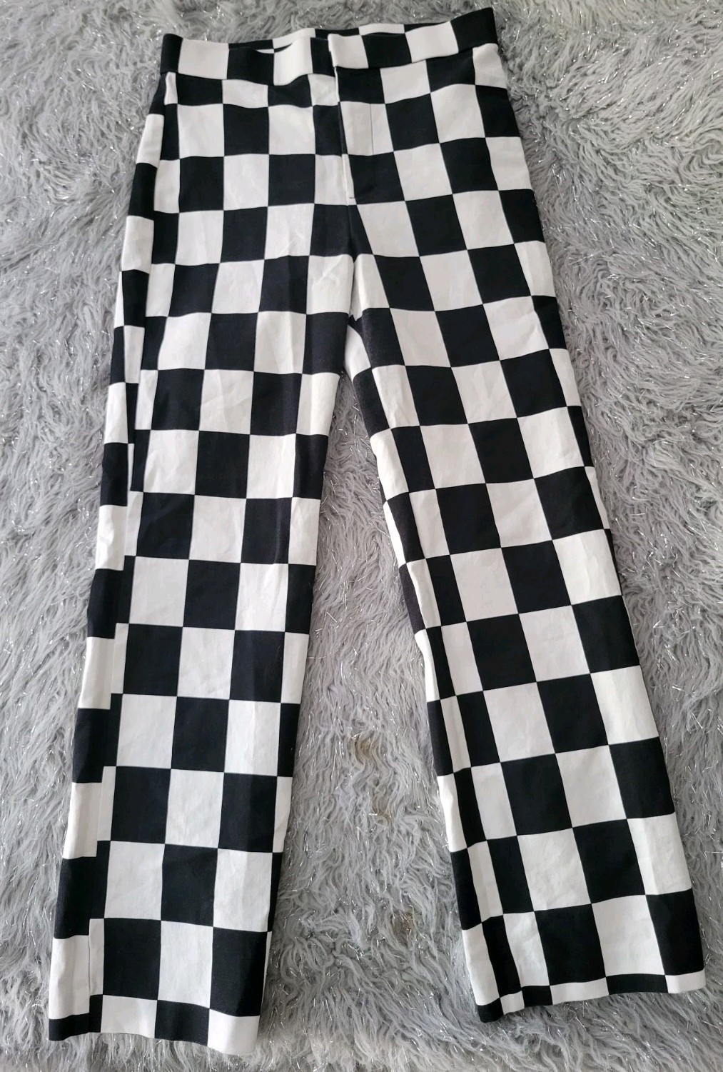 NEW Zara Checkered Pants Black White Large Block Ankle Cropped Straight Leg 5
