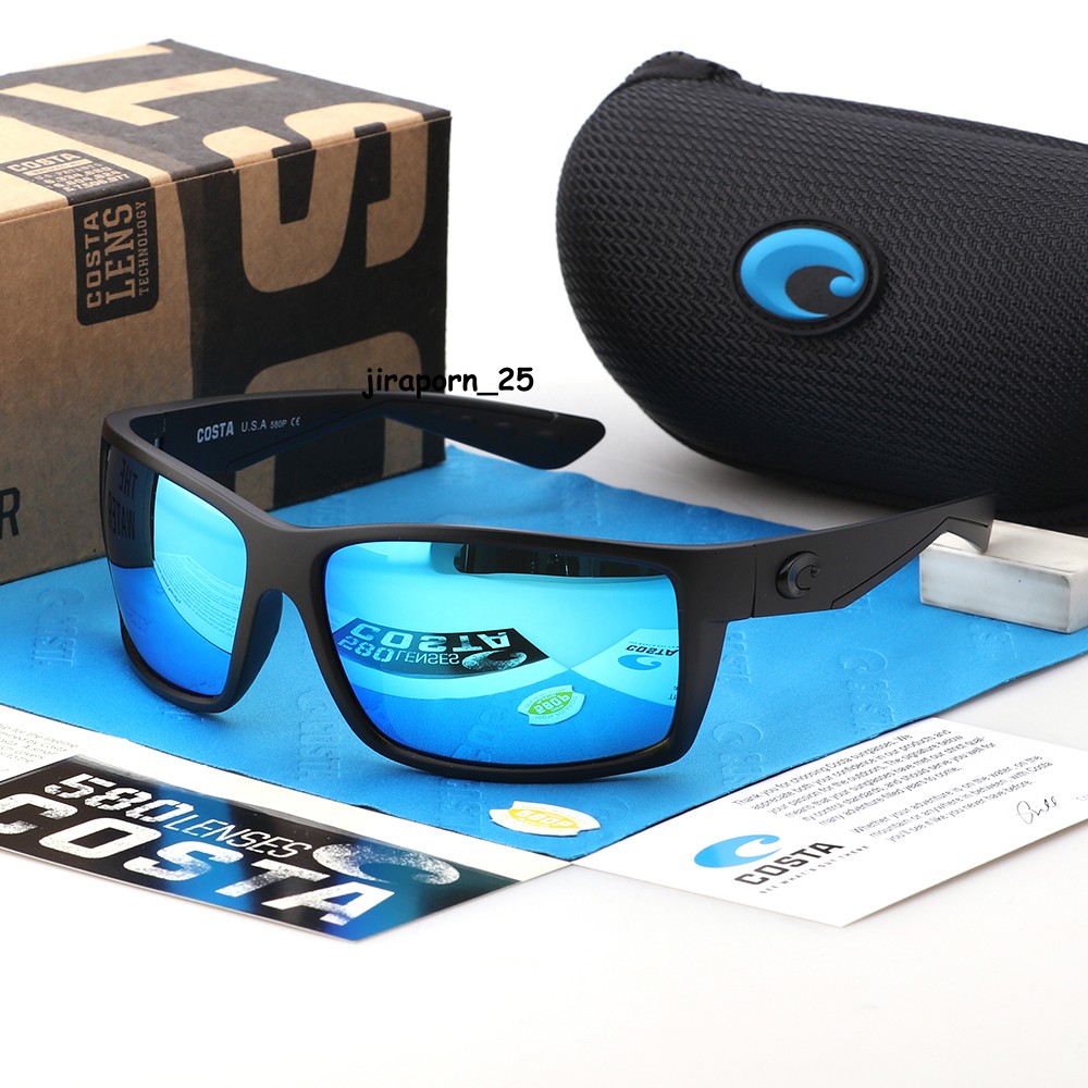 Costa Del Mar Reefton Black Frame Blue Lenses Mirror Polarized 580P Sunglasses