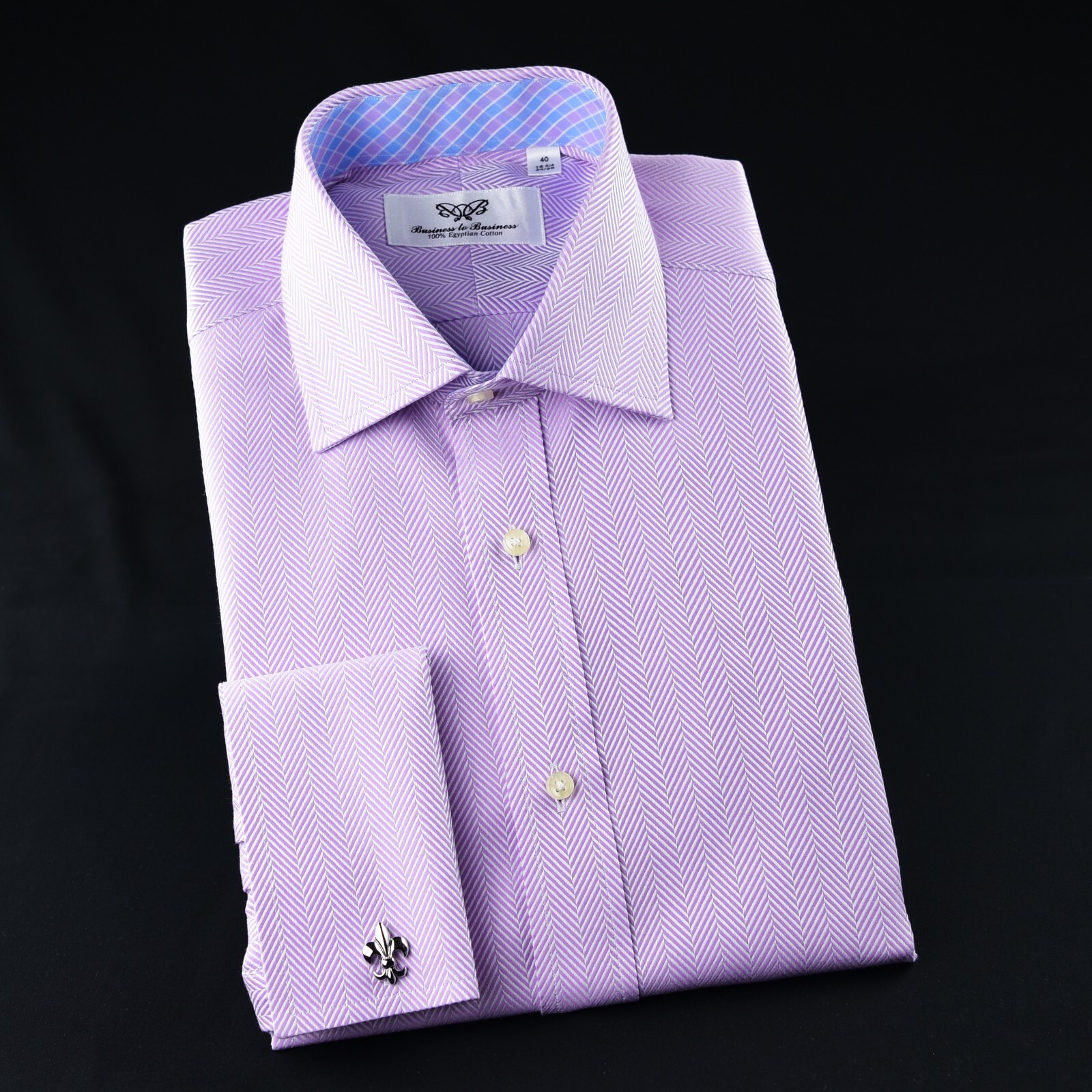 Lilac TOPHerringbone Dress Shirt Luxury With Fancy Boss Inner Lining Double Cuff