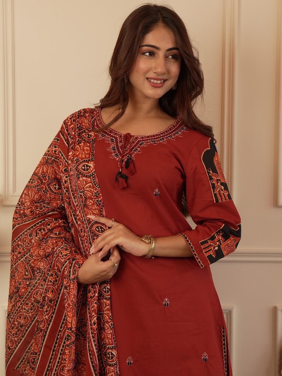 BOHO EMBROIDERED COTTON KURTI PANT DUPATTA SET WOMEN 3PC POCKET SUIT SIZE 3XL UP