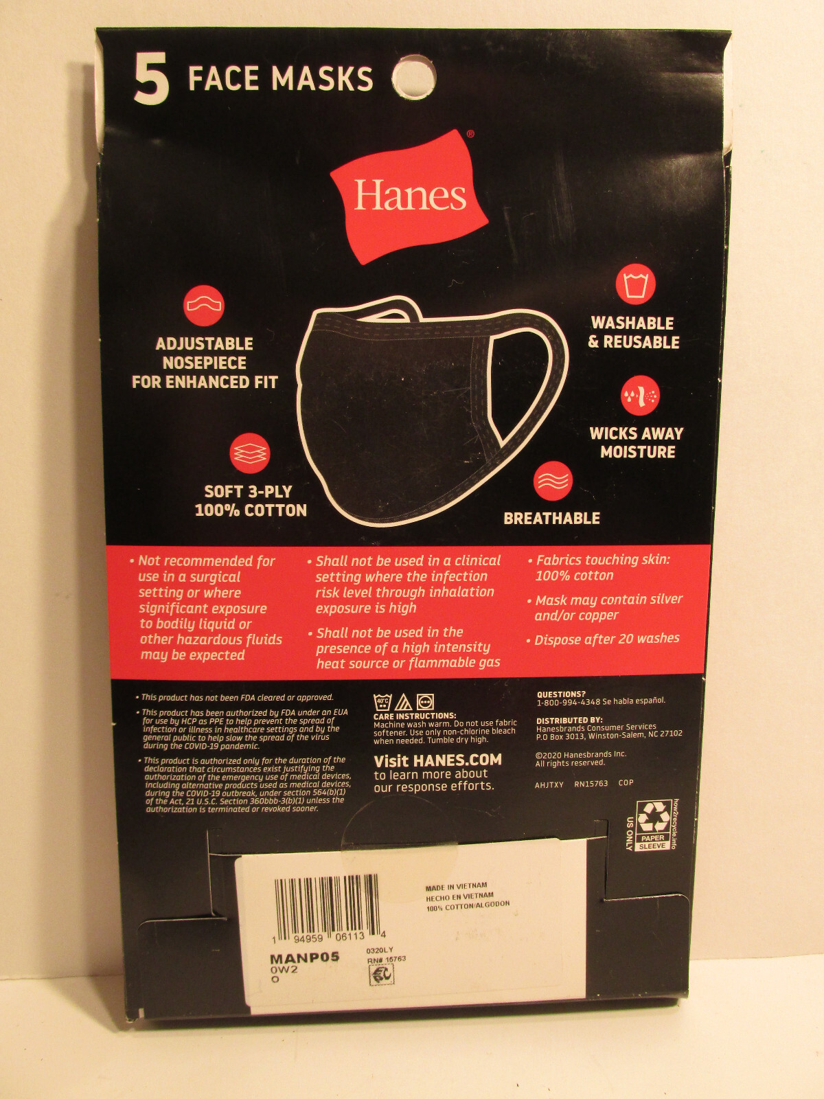 NEW SEALED ADULT HANES 5 PACK BLACK WASHABLE COTTON FACE MASK MASKS ~FAST SHIP!
