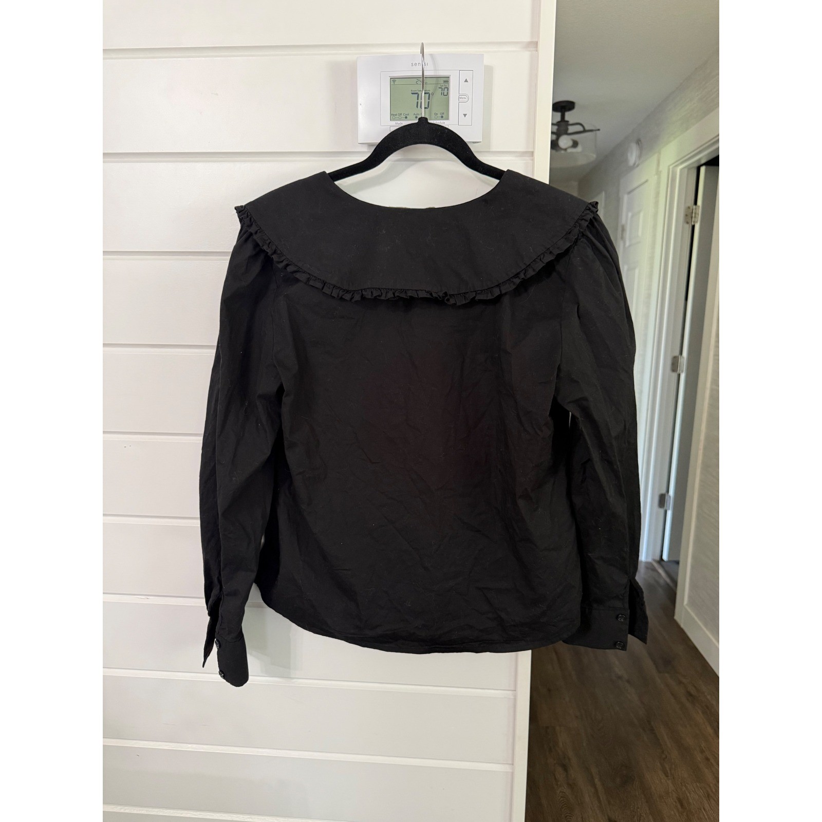 WAYF Esther Collar Blouse Black Oversized Ruffle Peter Pan Collar Shirt Medium
