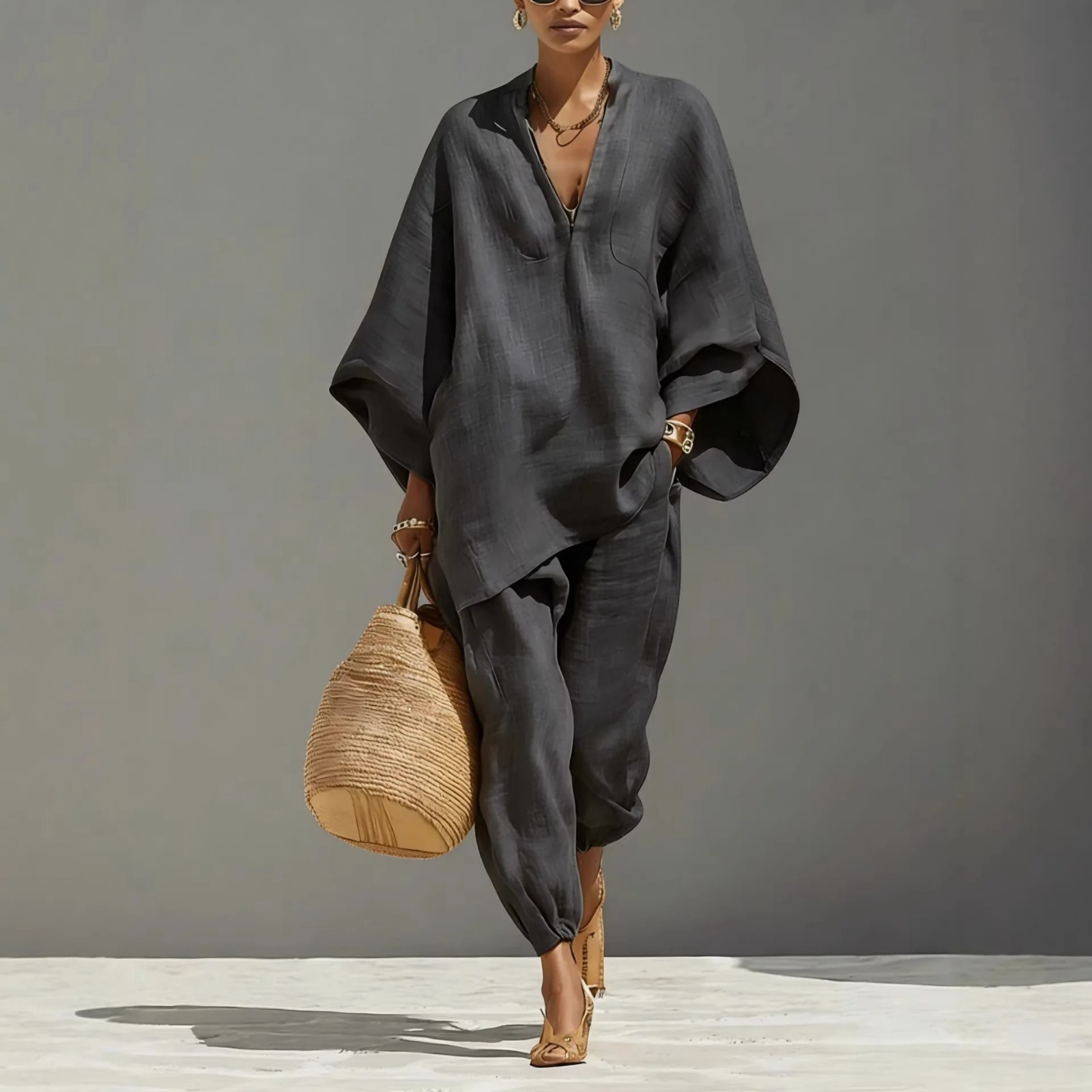 Casual V-neck Two Piece Set Women Outfits Summer Long Sleeve Wide Pant Sets New