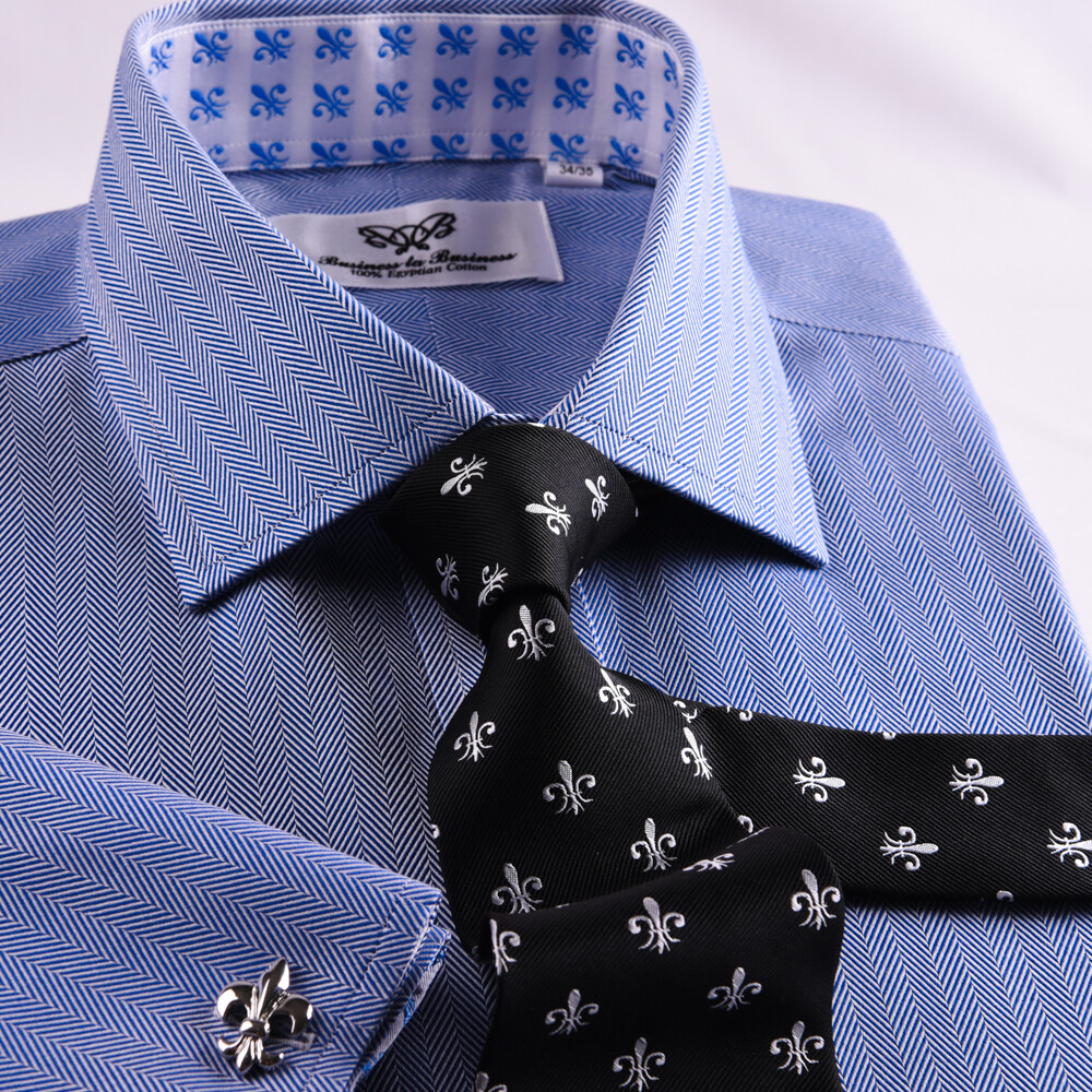 Limited Quatanty Mens Blue Formal Herringbone Business Dress Shirt French Cuffs