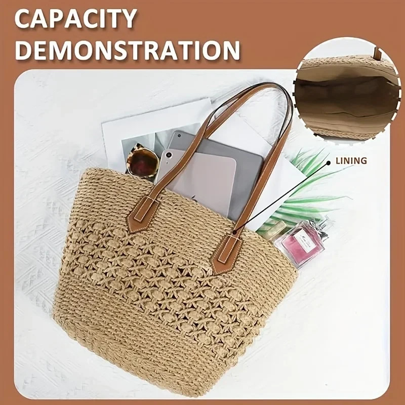Women’s Hollow Straw Tote Bag Large Capacity Beach Travel Shopping Handbag