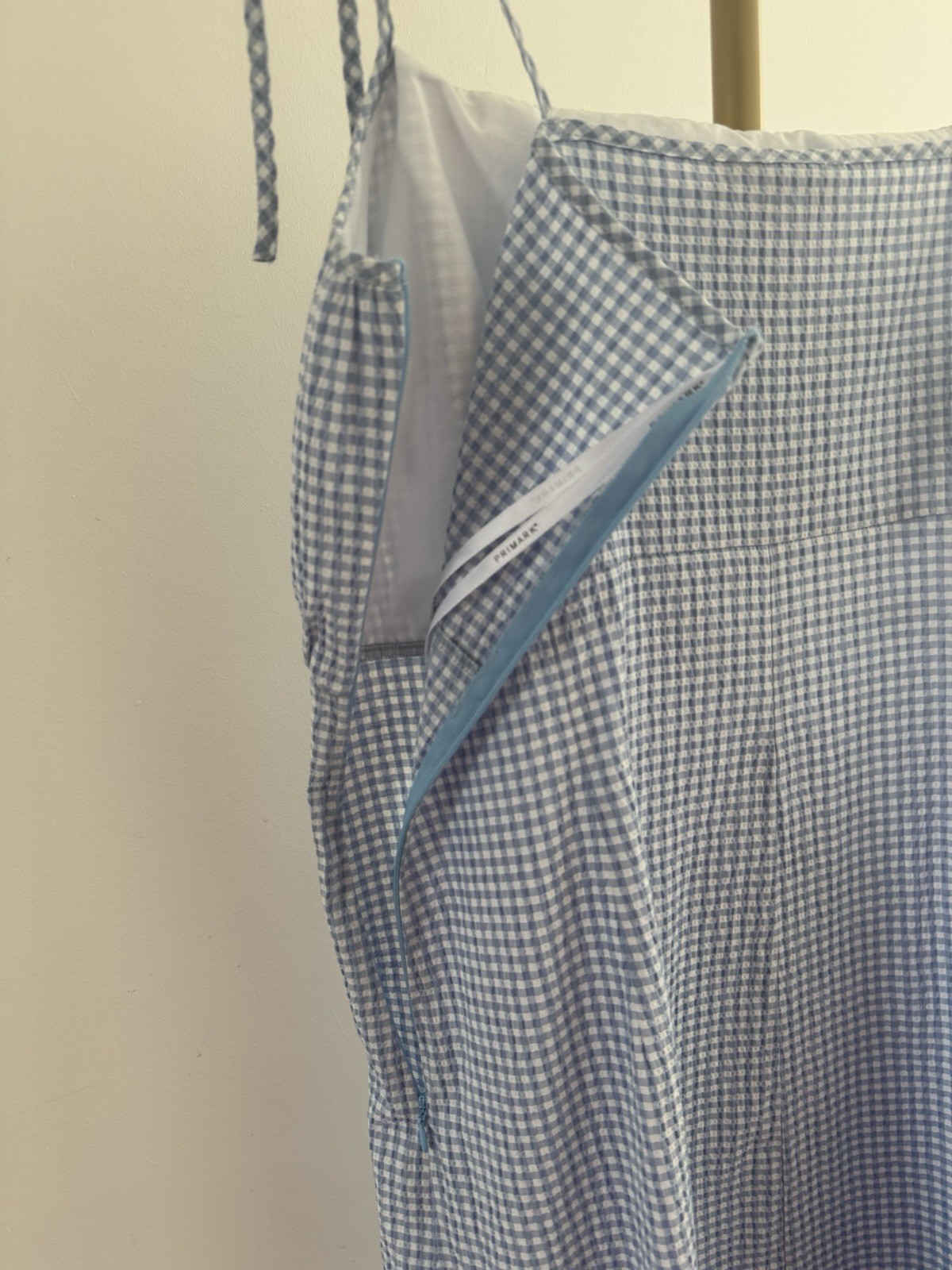 Primark Light Blue Gingham Summer Dress UK 20 Tie Strap Side Zip Lightweight