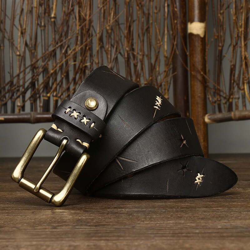 3.8CM Men High Quality Genuine Leather Belt Pin Buckle Cowskin Vintage Strap