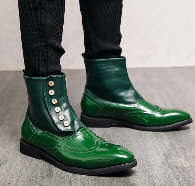 Shiny Green Men’s Pointy Toe Ankle Boots High Top Casual Fashion Shoes Punk