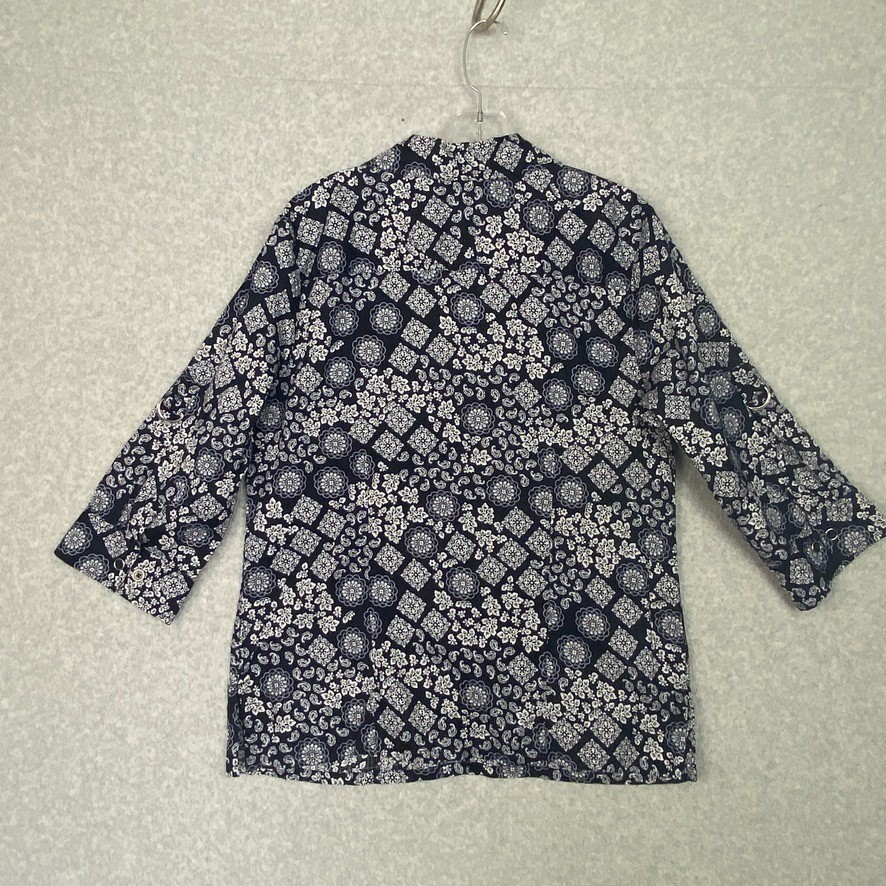 Karen Scott Top Womens Medium Navy Paisley Roll Tab Sleeve Button Up Shirt Boho