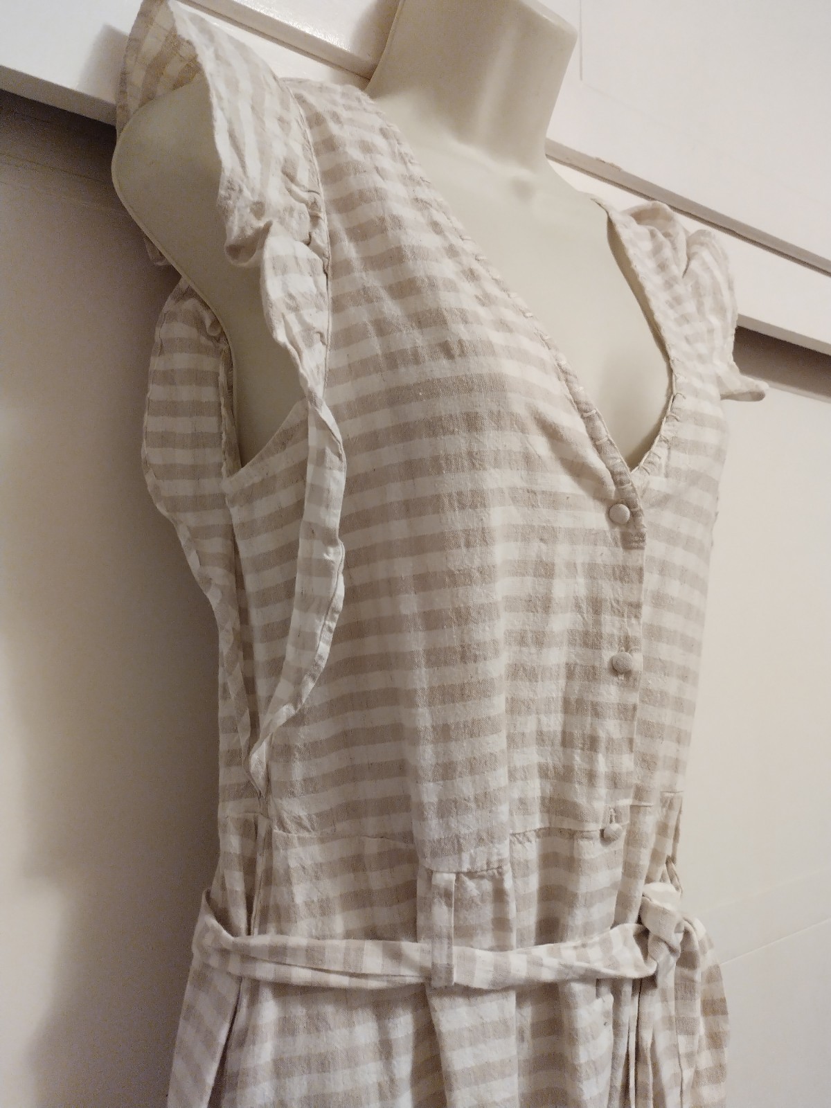 Zara Womens Plaid Ruffle Sleeveless Dress Maxi Linen Blend Beige White Size M