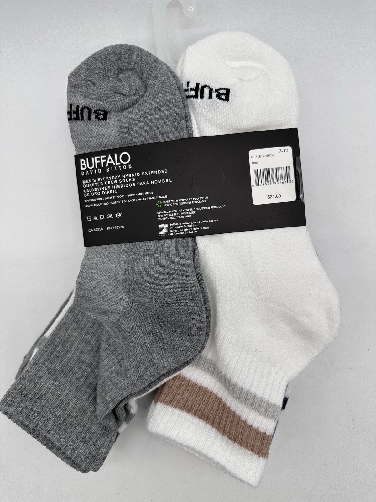NEW 6 PAIR MENS BUFFALO BY DAVID BITTON HYBIRD EXTENDED QUARTER CREW SOCKS LARGE