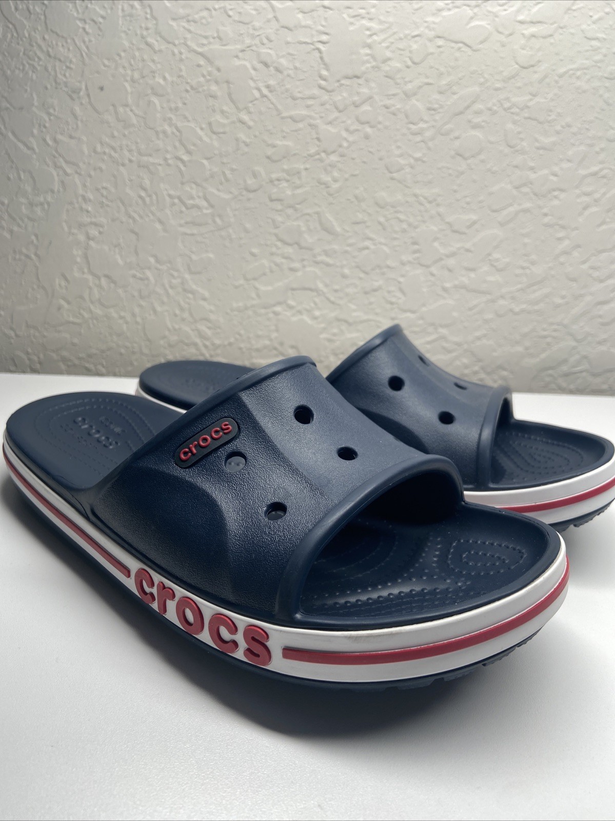 Crocs Adult Bayaband Slides Sandals unisex men’s 6 women’s 8 Red, White, Blue
