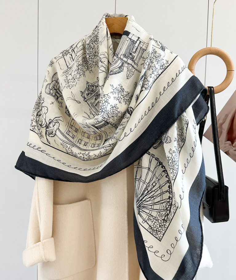 70% Cashmere 30% Silk Paris Street Print Shawl 135X135cm Scarf Wrap Double Face
