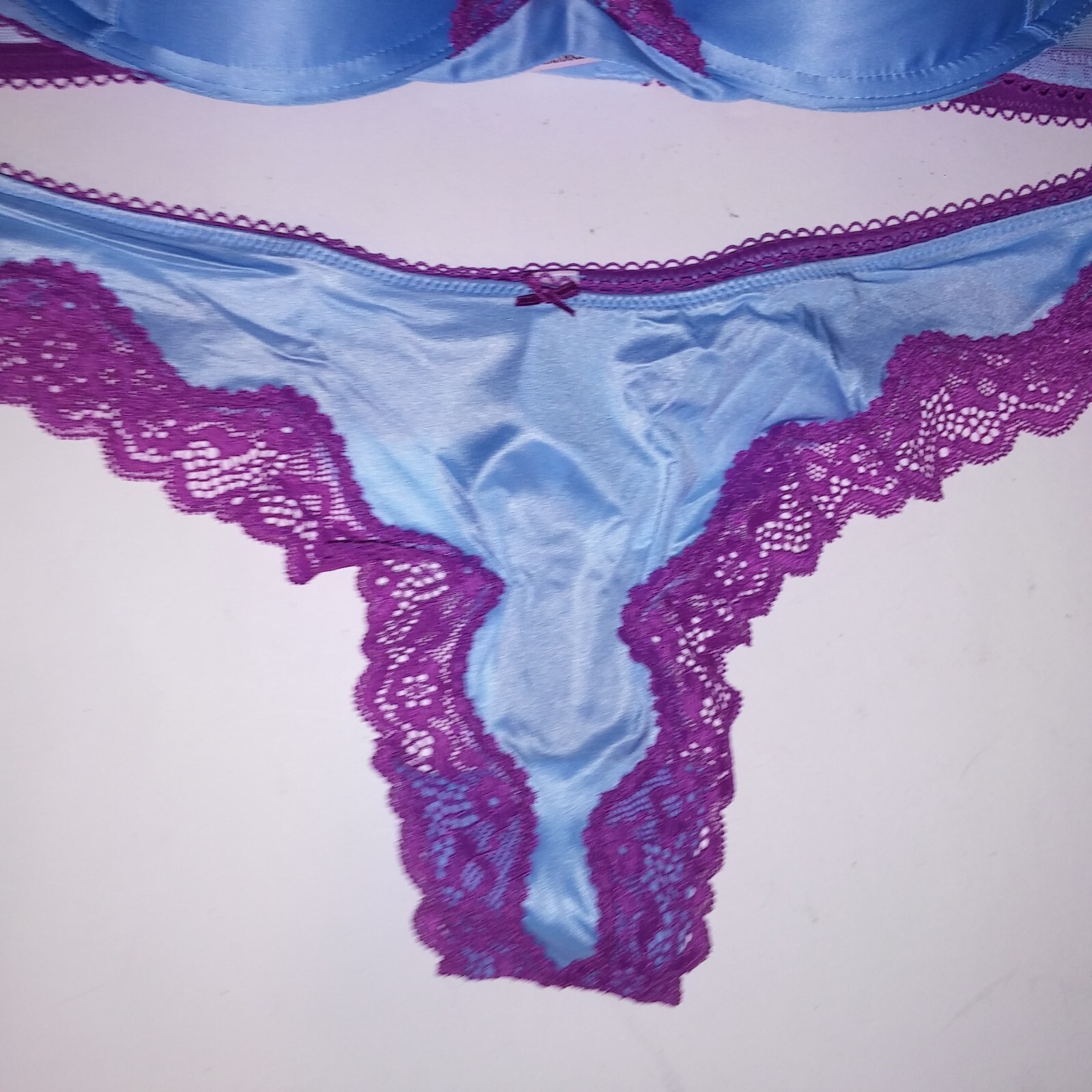 Victoria Secret Bra Set Push Up Thong Panty Blue Purple Tease Lace Trim Underwir