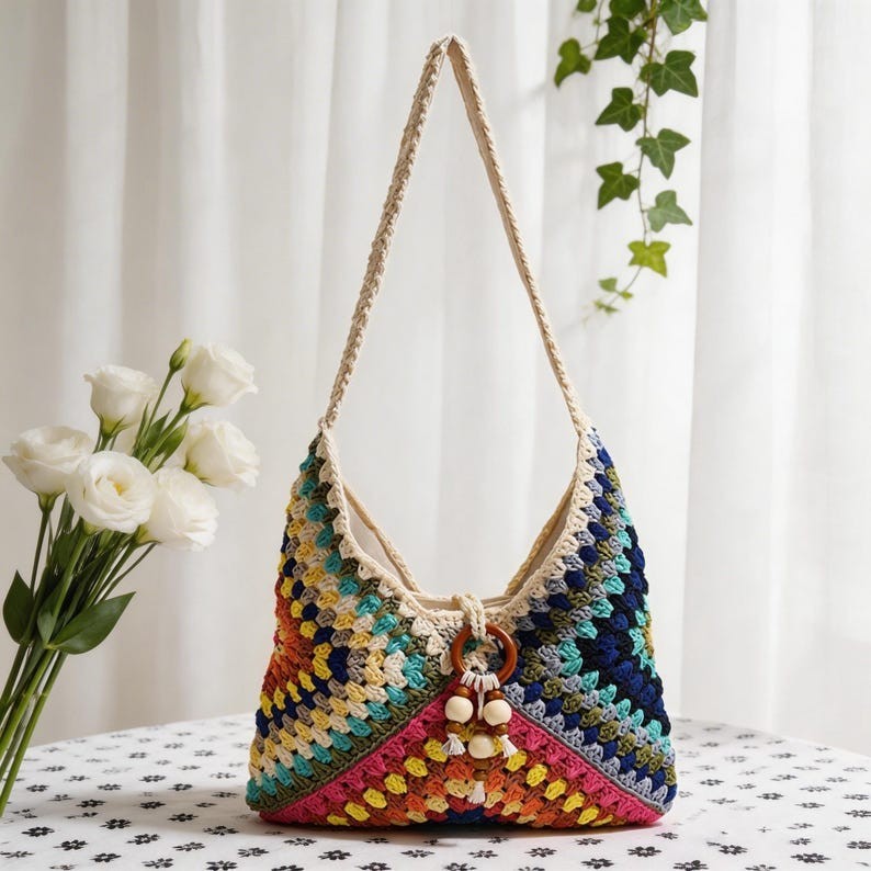 Handmade Cotton Bohemian Shoulder Bag | Woven Beach Tote, Festival Artisan Bag