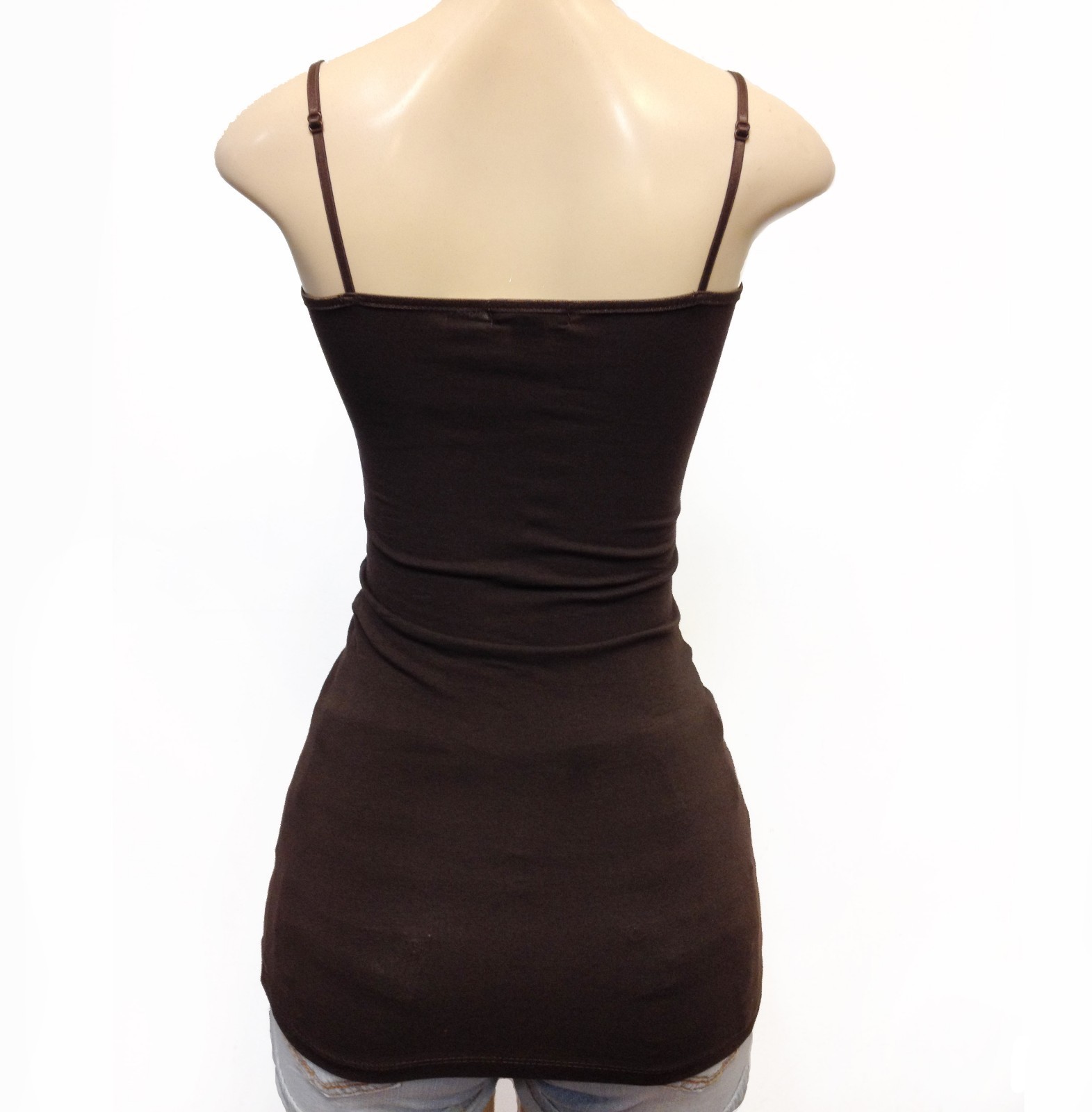 Long Tank Top Adjustable Spaghetti Bra Strap Layering Plain Cami S/M/L