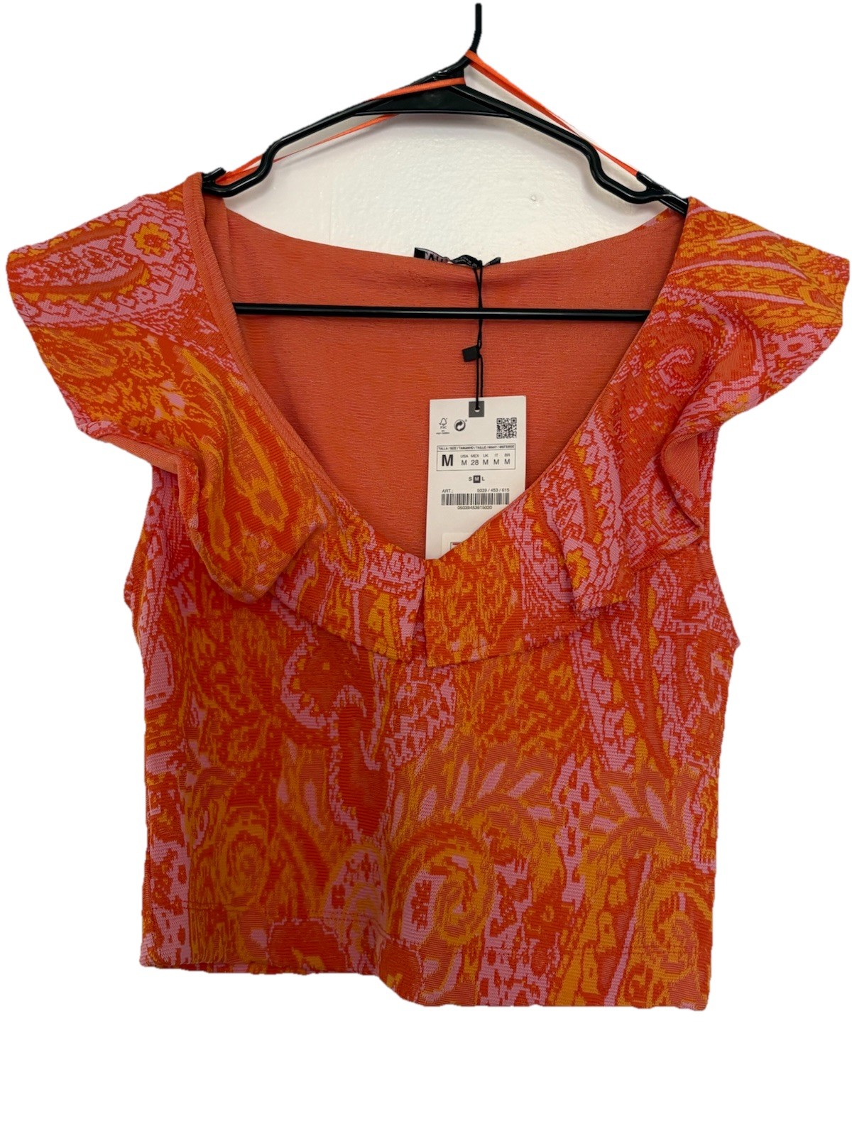 Zara Orange/Pink Paisley Ruffle V-Neck Sleeveless Crop Top Blouse Sz M