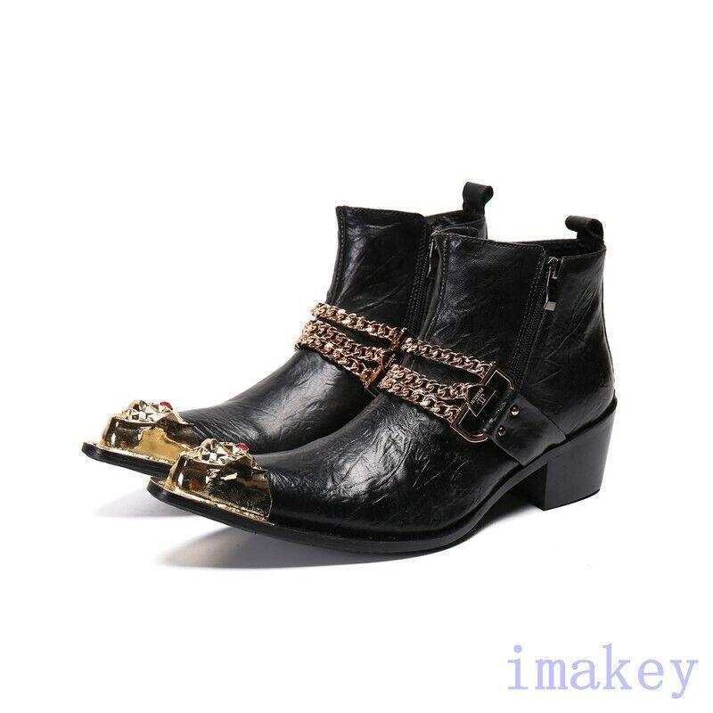 Mens Leather Ankle Boots Pointed Toe Chain Decor Nightclub Party Casual Shoes SZ