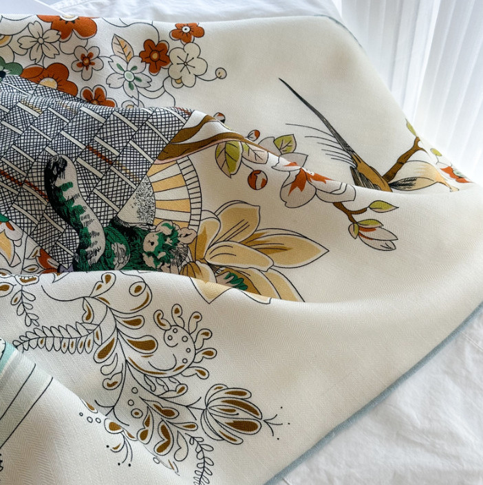 70% Cashmere 30% Silk Wrap Scarf Green garden Print Double Face Print Shawl 53”