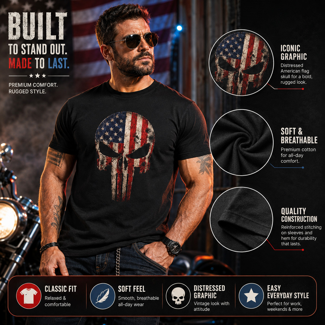 Mens American Flag Skull Punisher Style T Shirt Patriotic Tee Black