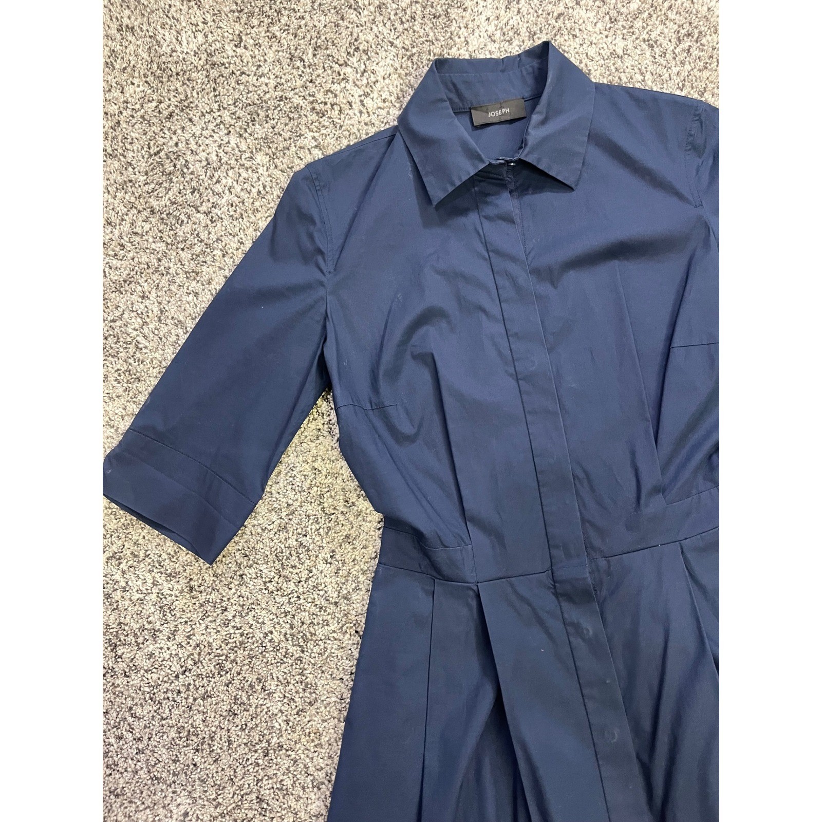 JOSEPH Poplin Midi Shirt Dress Womens 36 Small Navy Preppy Pleated Minimalist