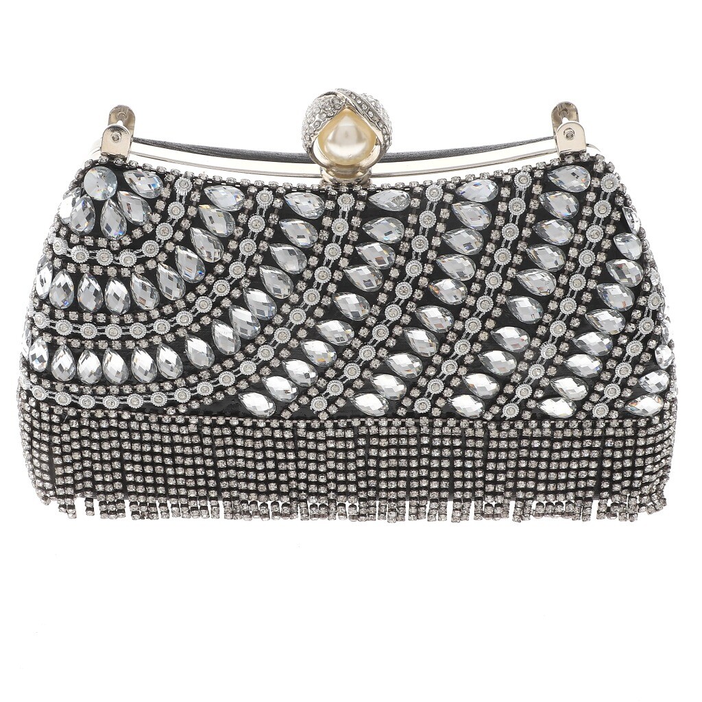 Silver Tone Fashion Satin Fabric Clutch Evening Bag With Rhinestone TLX199-BLK