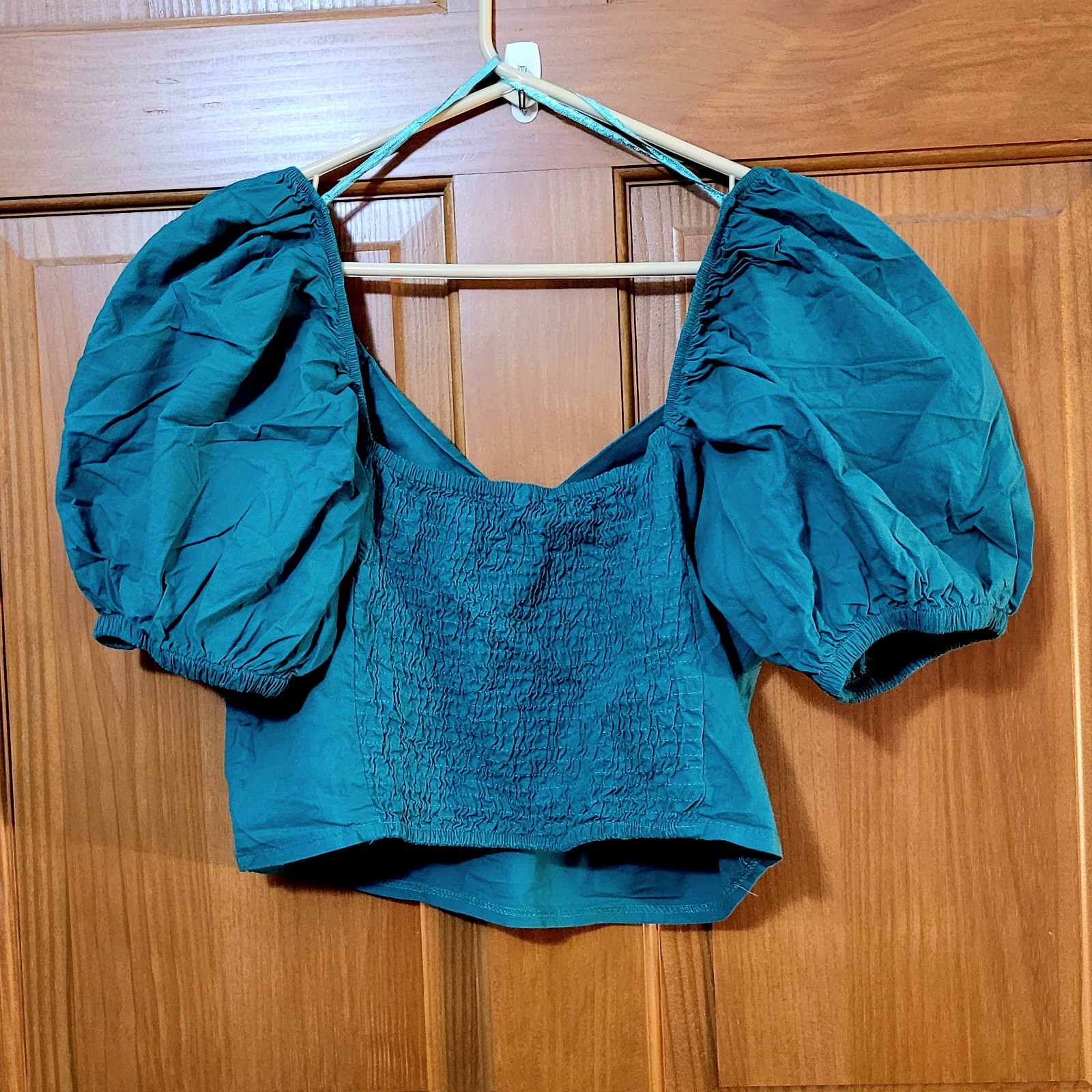 Sim & Sam Women’s XL Green Puff Sleeve Smocked Crop Top Boho Festival Cotton