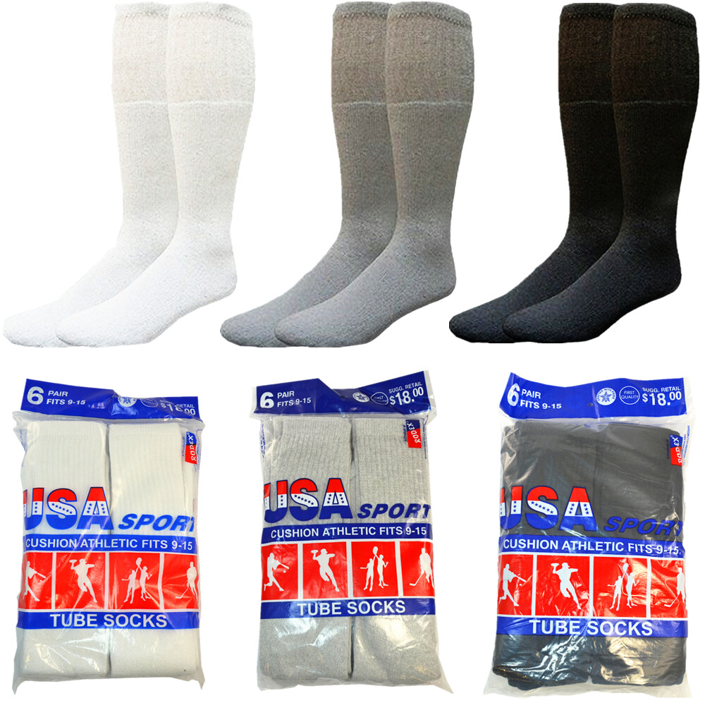 3,6,12 Pairs Men Athletic Sports Solid Cotton Tube Socks Size 9-15 Made In USA