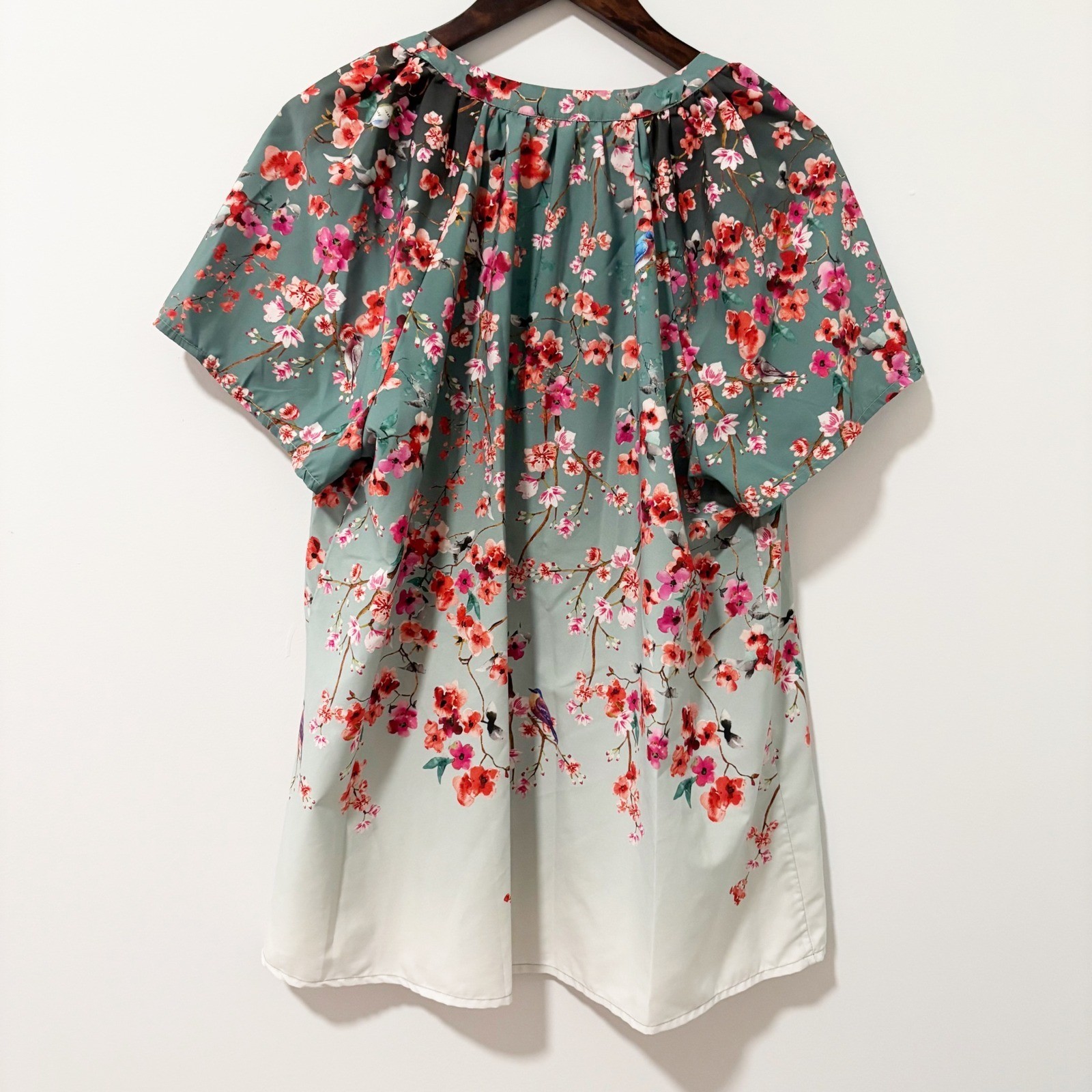 eShakti Womens 2X 20W Floral Bird Ombre Blouse Sage Green Pink Short Sleeve Top