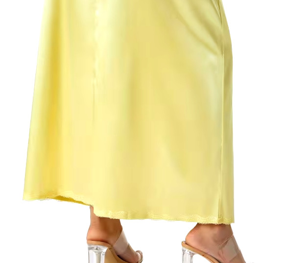 New Gorgeous Feminine Yellow Satin Lace Hem Long Half Slip Plus 2X NEW