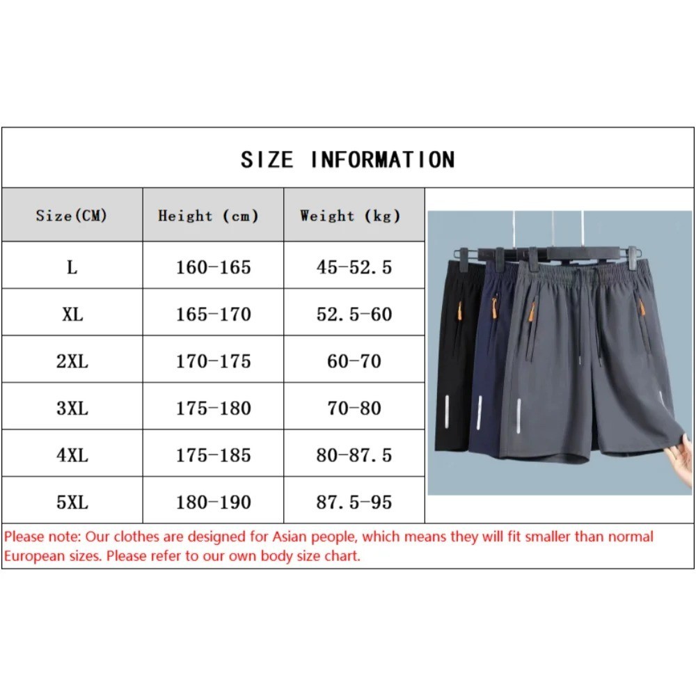 Men Ice Silk Shorts Quick Dry Summer Beach Gym Sport Zipper Pocket