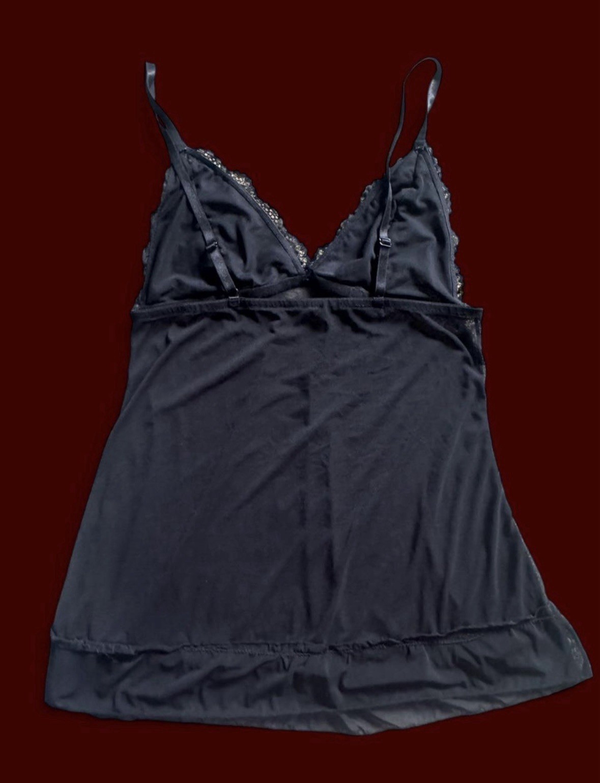 Black Lace Sheer Mesh Cami Top with Spaghetti Straps and Ruffled Hem