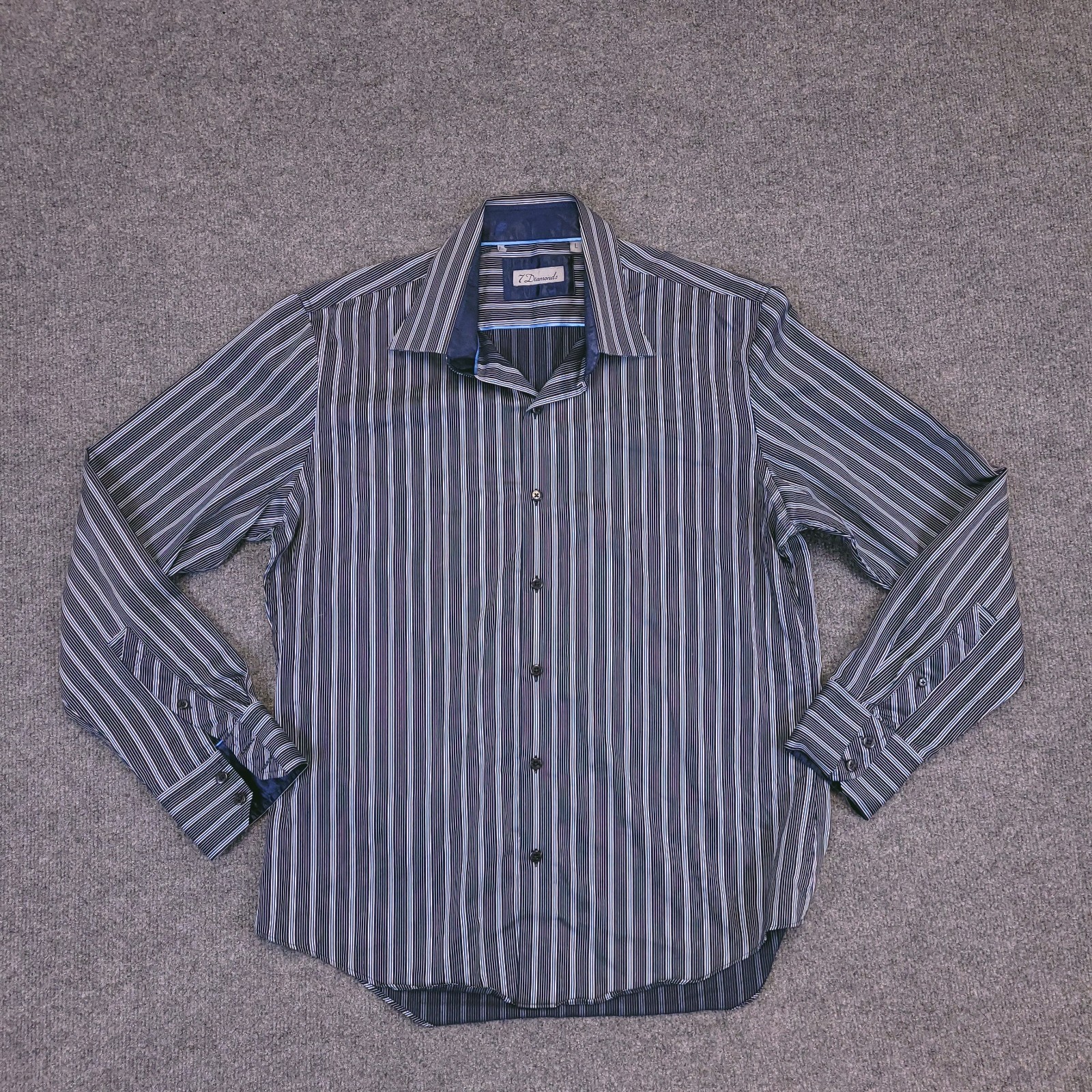 7D 7 Diamonds Mens Large Button Up Vertical Striped Flip Cuff Contrast Trim