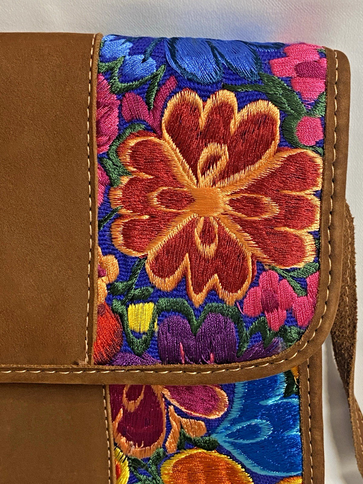 Floral Embroidered Small Women’s Crossbody Bag Magnetic Closure Brown Strap