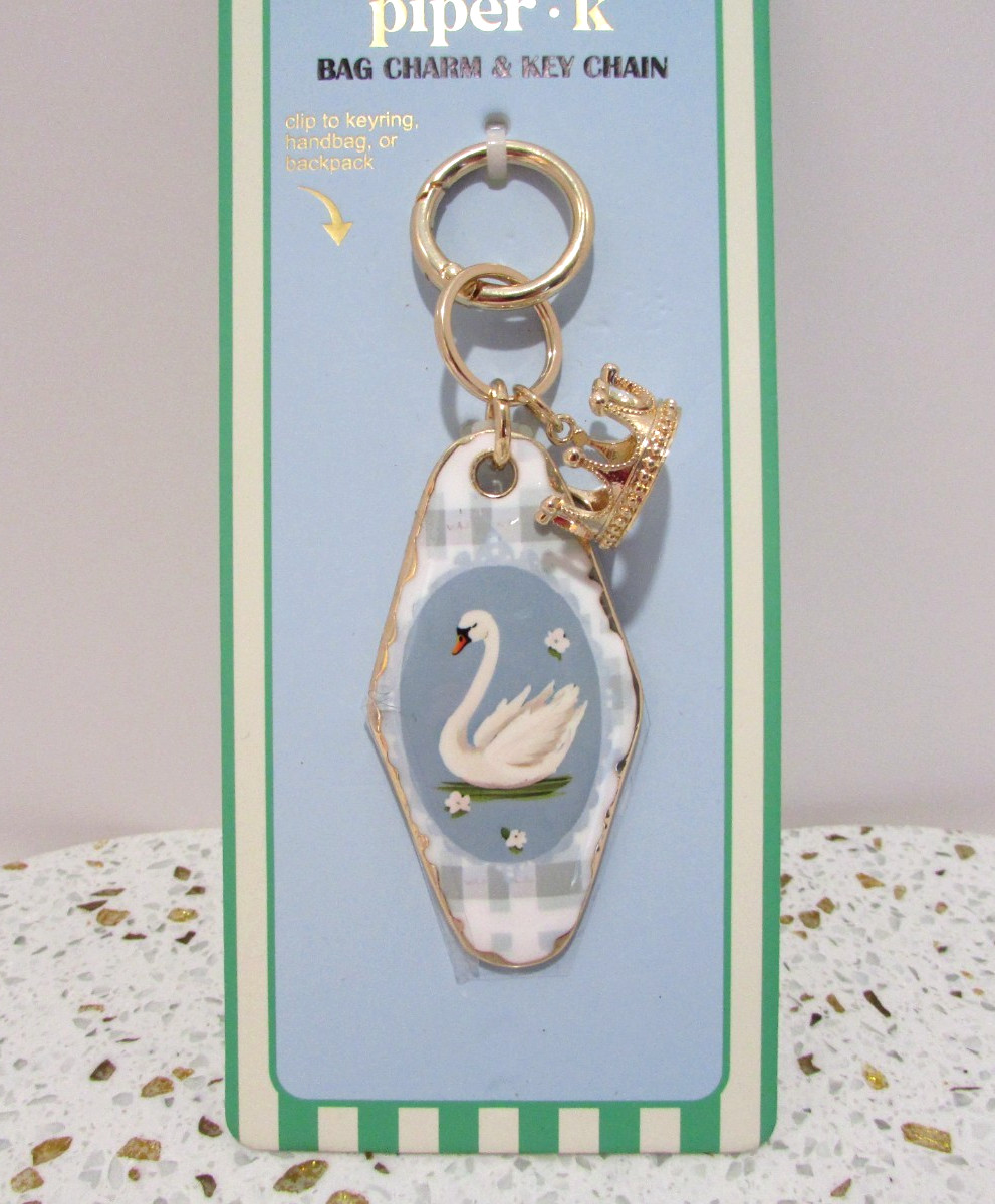 Piper K White Swan Gold Crown Bag Charm Key Chain Wedgewood Blue Gift Bag NEW