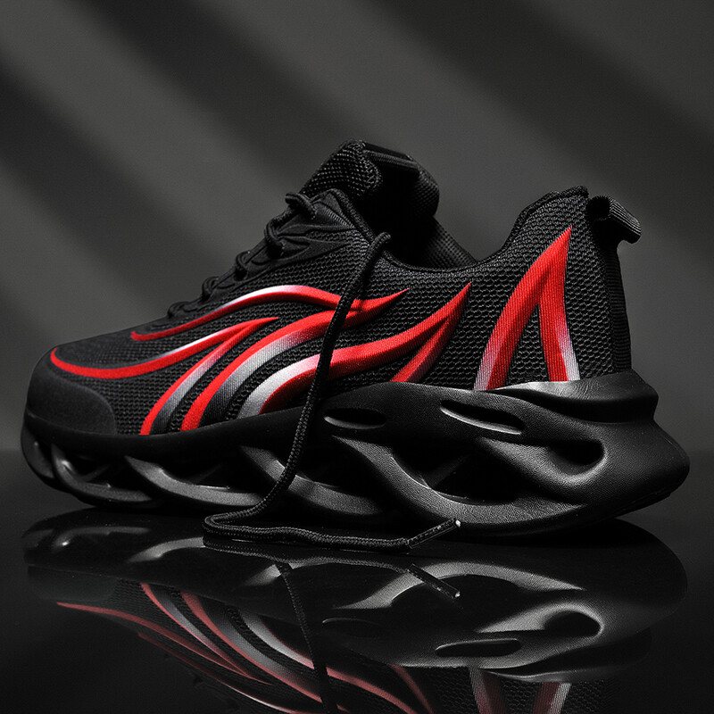 Men’s Flame Printed Sneakers Flying Weave Sports Shoes Lace-up Breathable Shoes