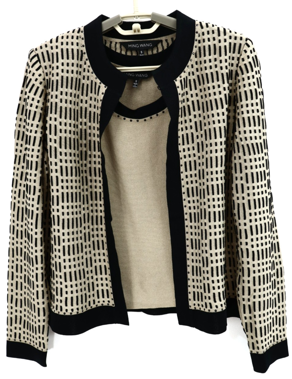 MING WANG Women’s Acrylic Twinset Cardigan Vest Long Sleeve Geometric Size S