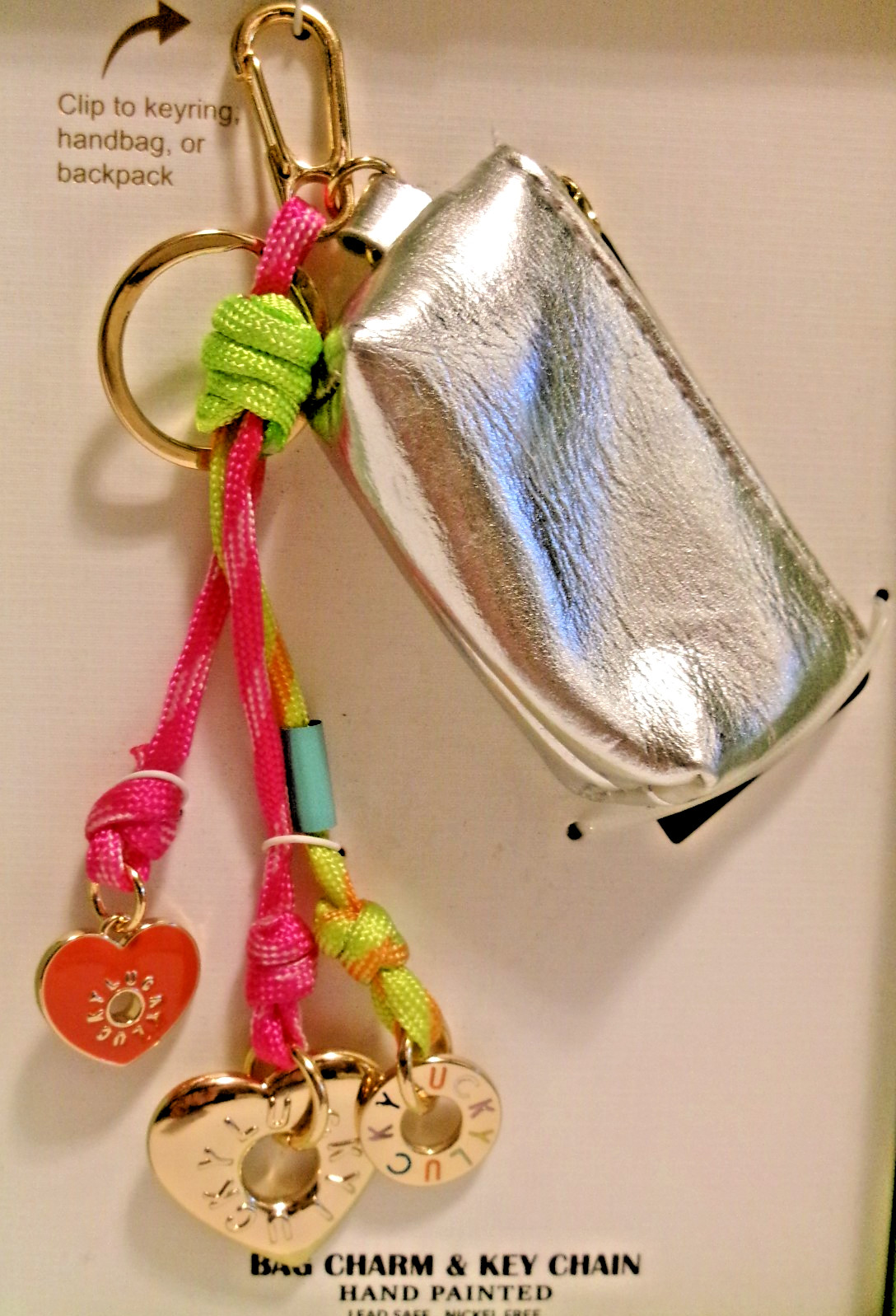 Piper K Bag Charm & Keychain Lucky Hearts & Silver Zipped Pouch NIB B61