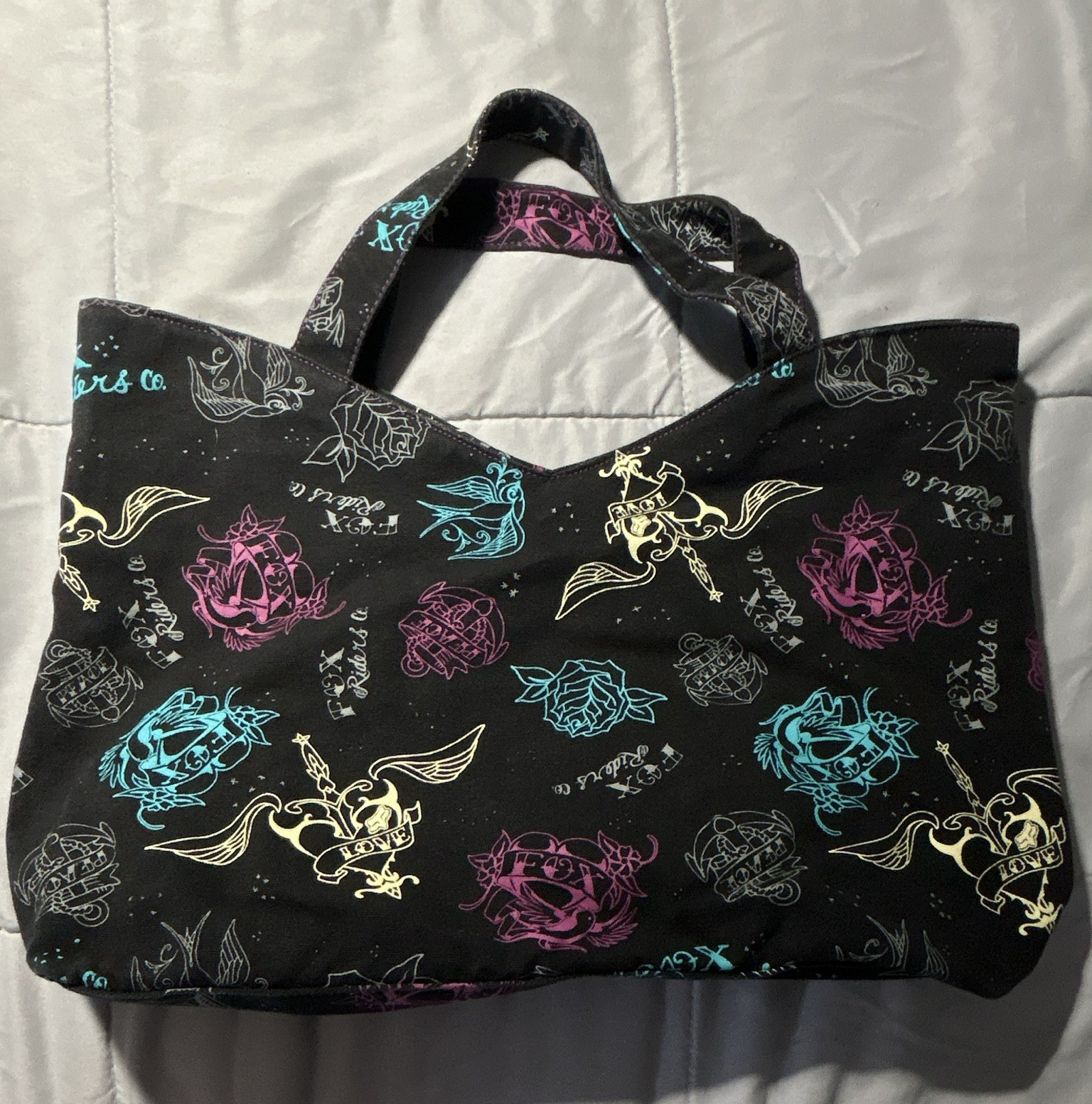 FOX Black Graphic Print Tote Bag, Multicolor Print, Double Handles, Women