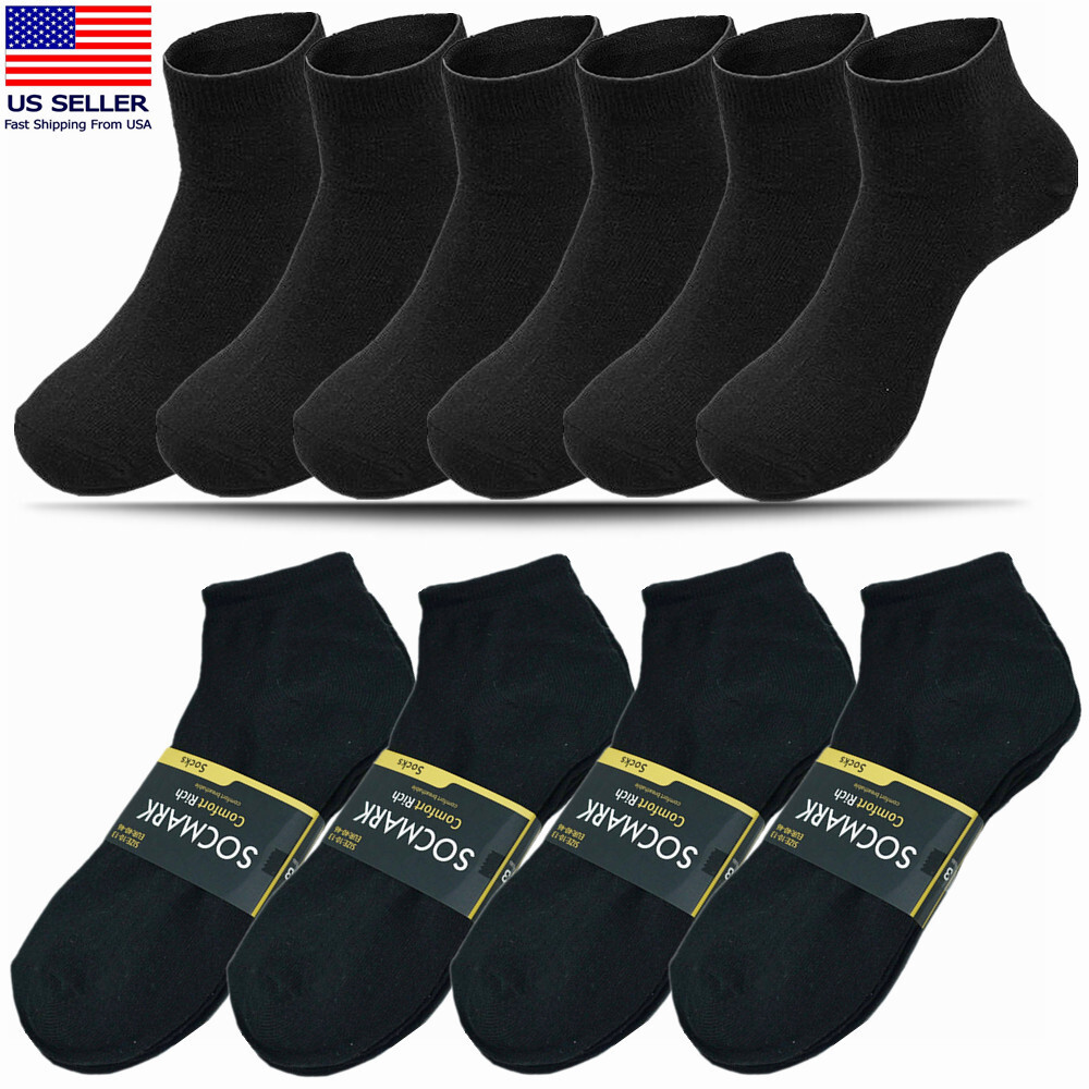 6 Pairs Mens Cotton Comfort Ankle/Quarter Crew Low Cut Black Socks Size 9-13