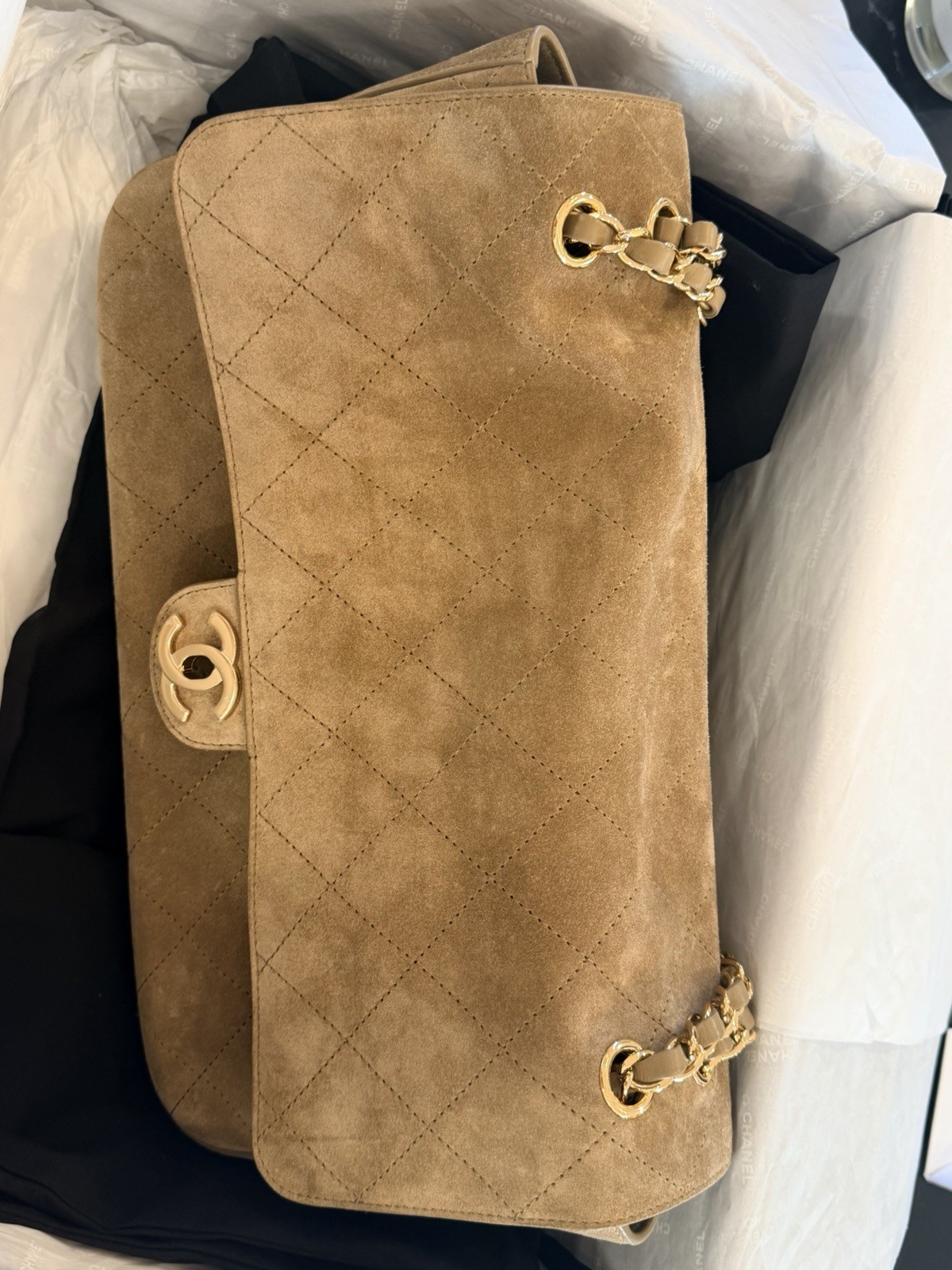 CHANEL Beige Quilted Flap Shoulder Bag Chain Strap Turn Lock Gold HW