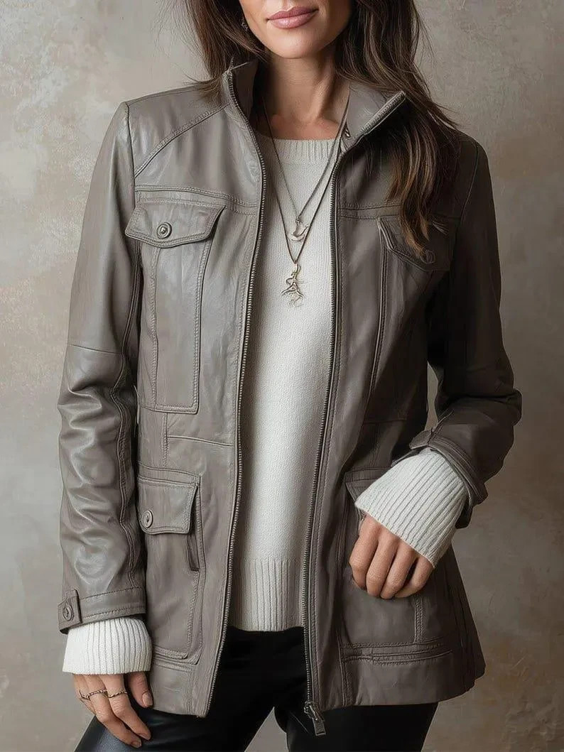 Womens Handmade Lambskin Leather Jacket: Taupe Gray Biker Style Leather Jacket