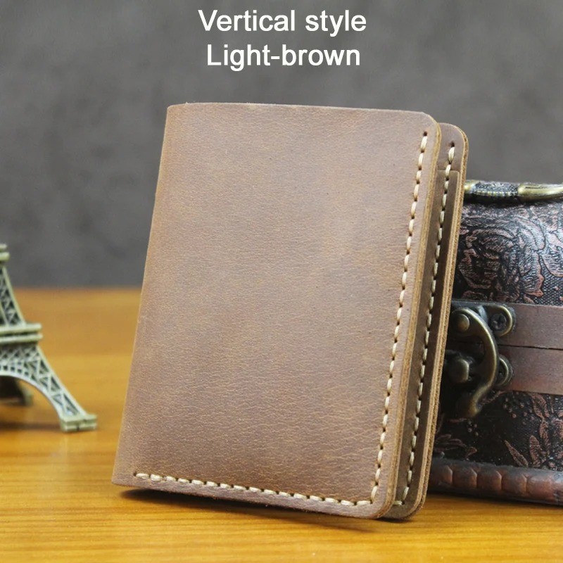 Handmade Vintage Crazy Horse Genuine Leather Men’s Short Wallet for Money Clip