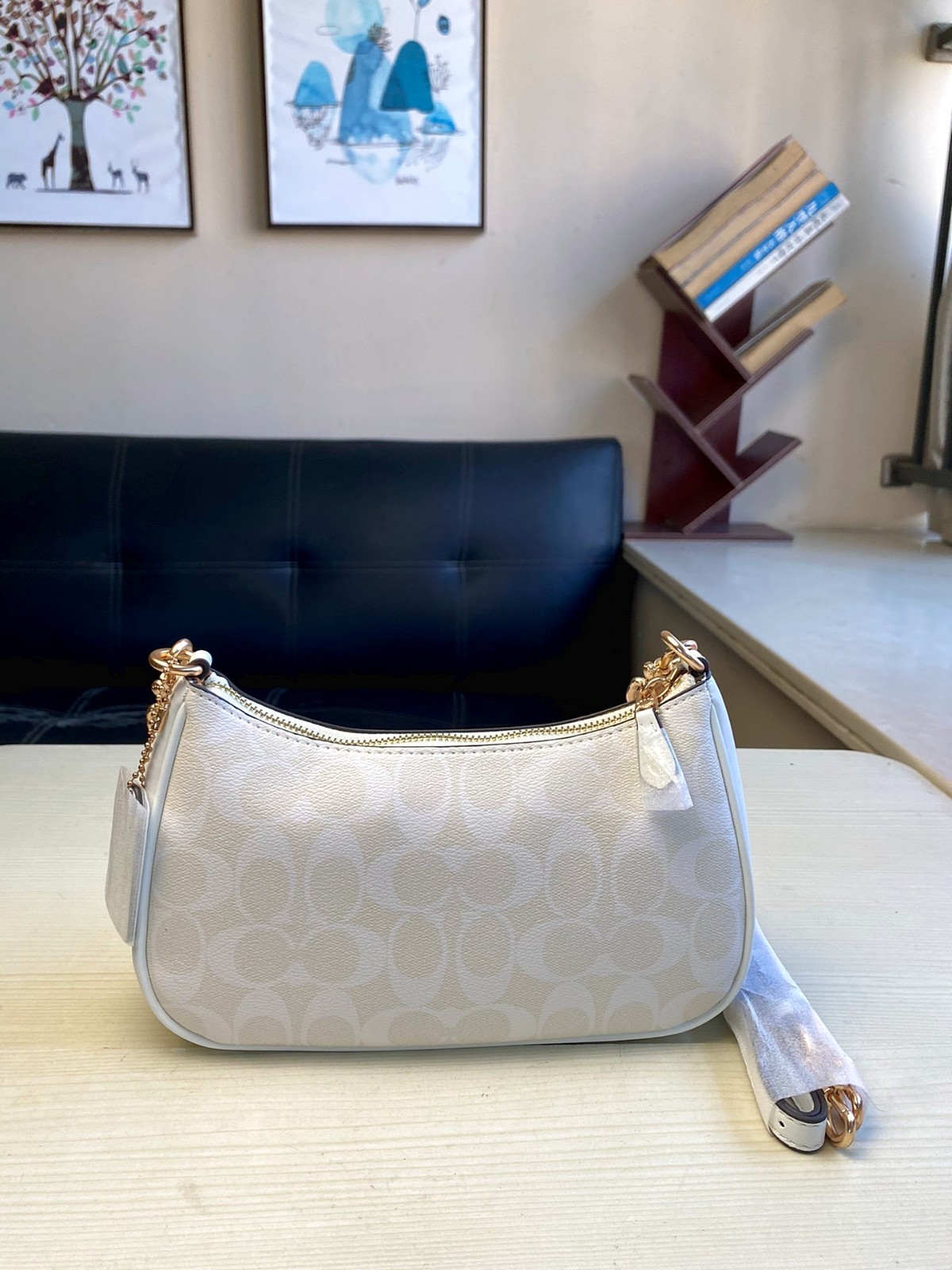 Coach Teri 2Way Shoulder Bag CA548 Signature Canvas White Smooth Leather Outlet