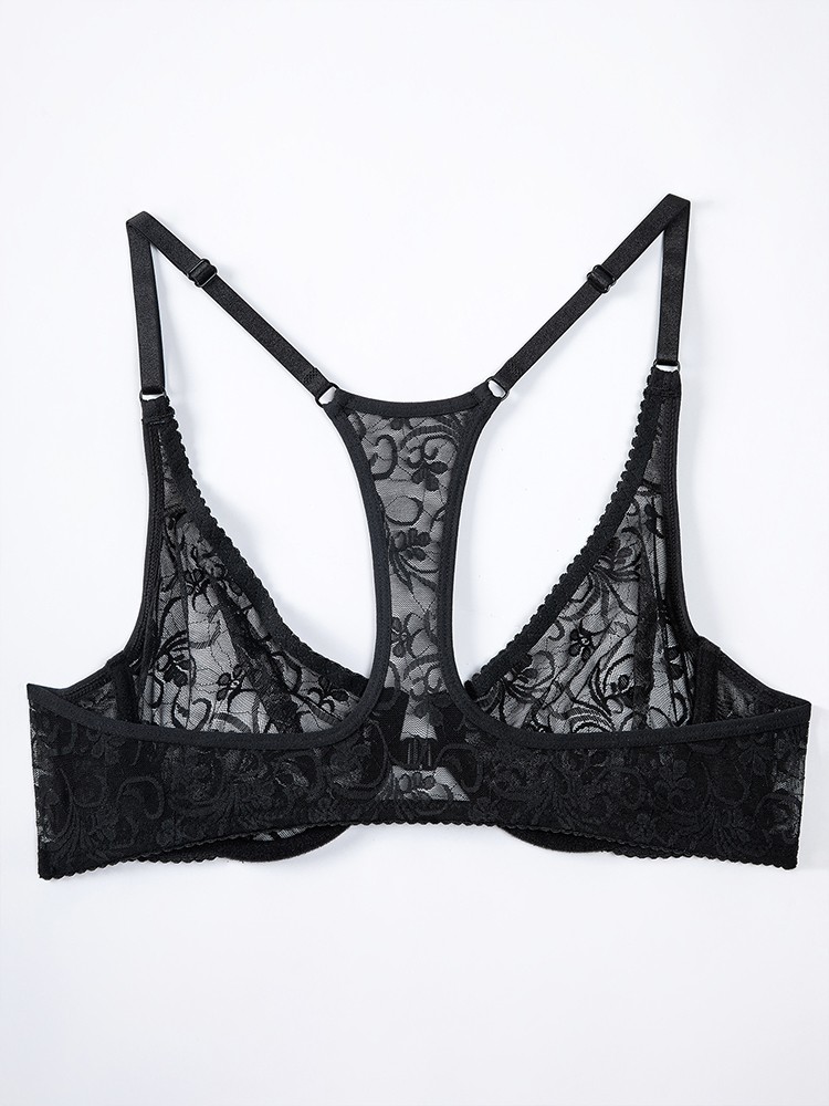 Ultra-thin Bra Front-fastened Lace Racer Back Underwire Brassiere Sissy Lingerie