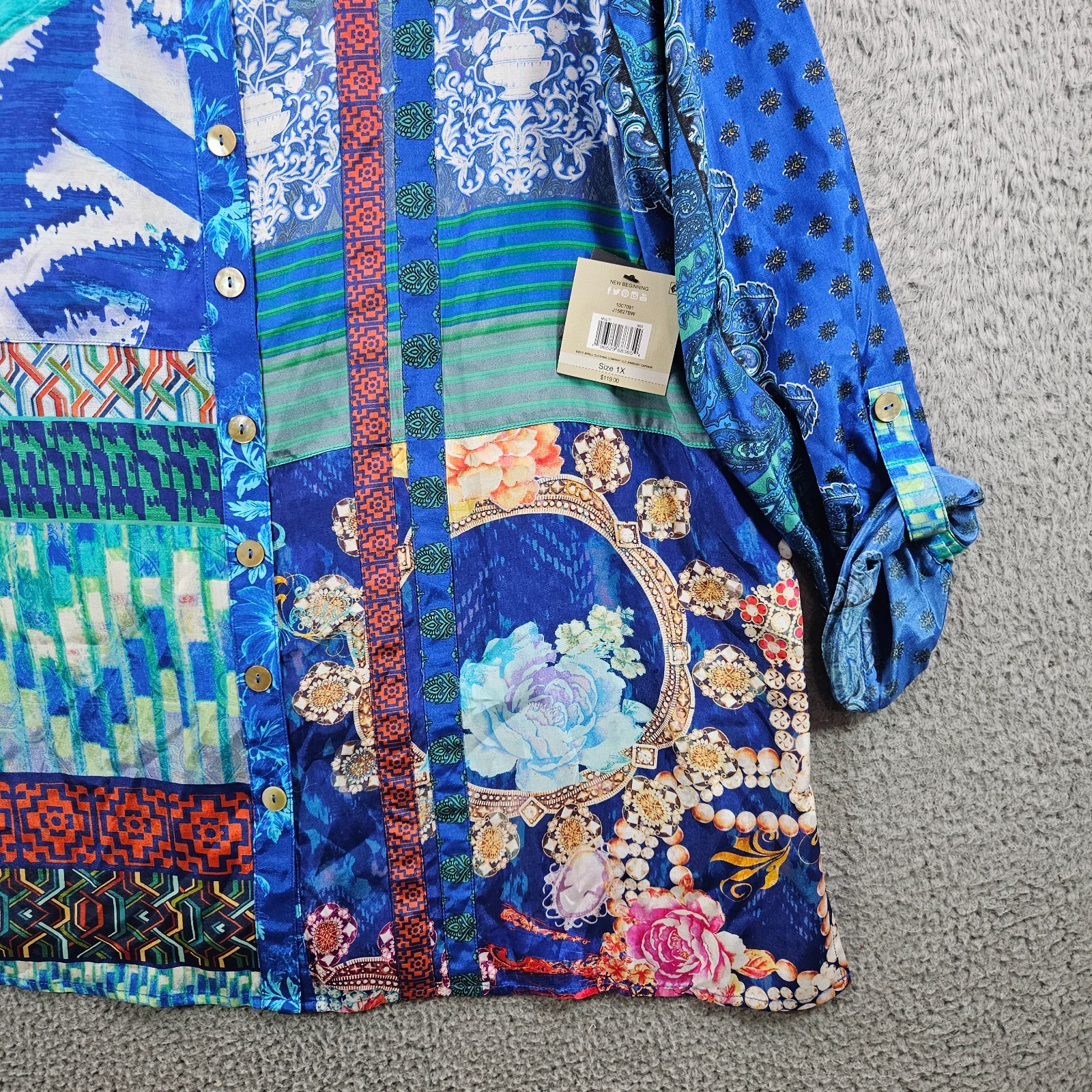 $119 NEW John Mark Shirt Top Women 1X Button Up Geometric Print Blue Tone