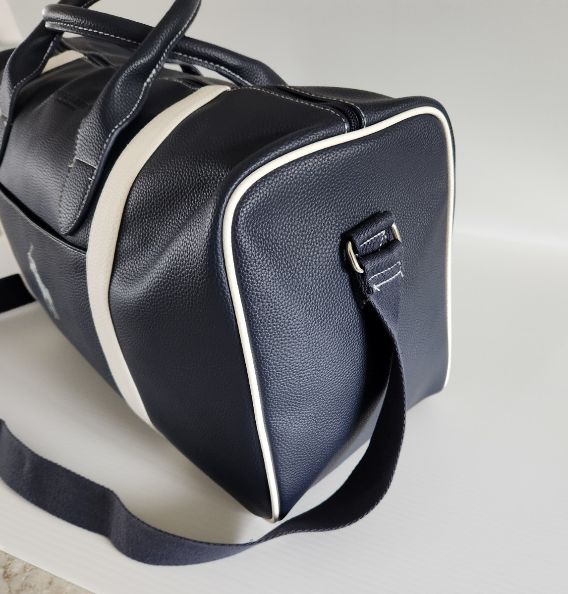 Ralph Lauren Fragrances POLO Navy Blue White Faux Leather Travel Duffle Bag NWT
